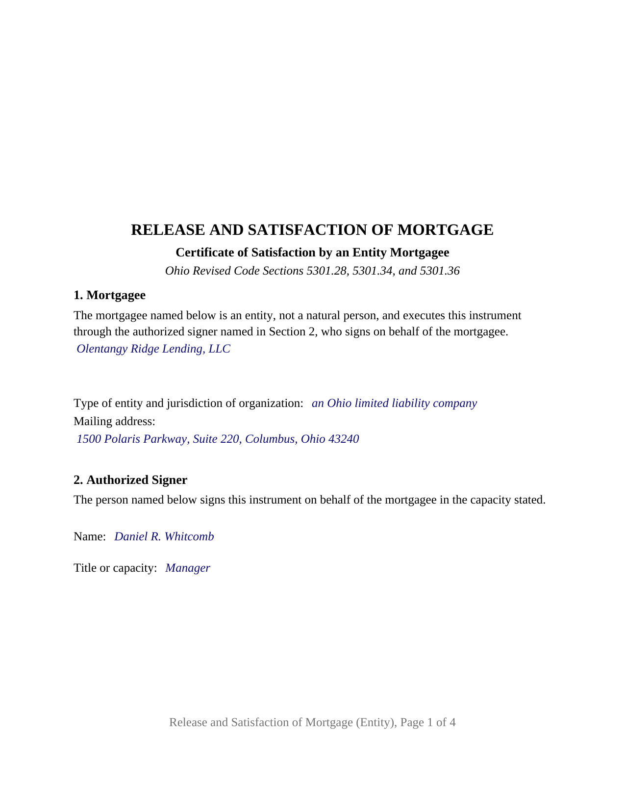 Perry County Completed Example of the Release and Satisfaction of Mortgage (Entity) Document