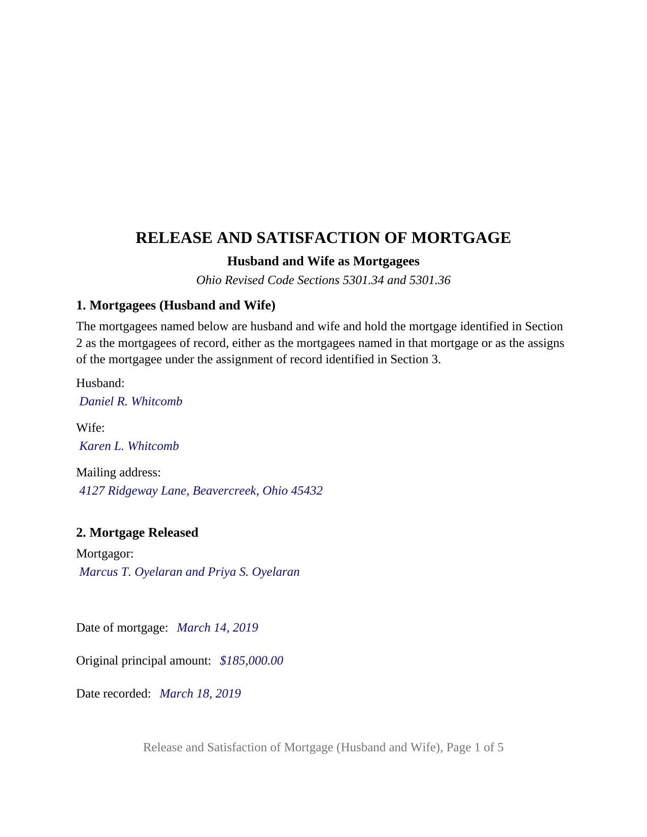 Perry County Completed Example of the Release and Satisfaction of Mortgage (Husband and Wife) Document