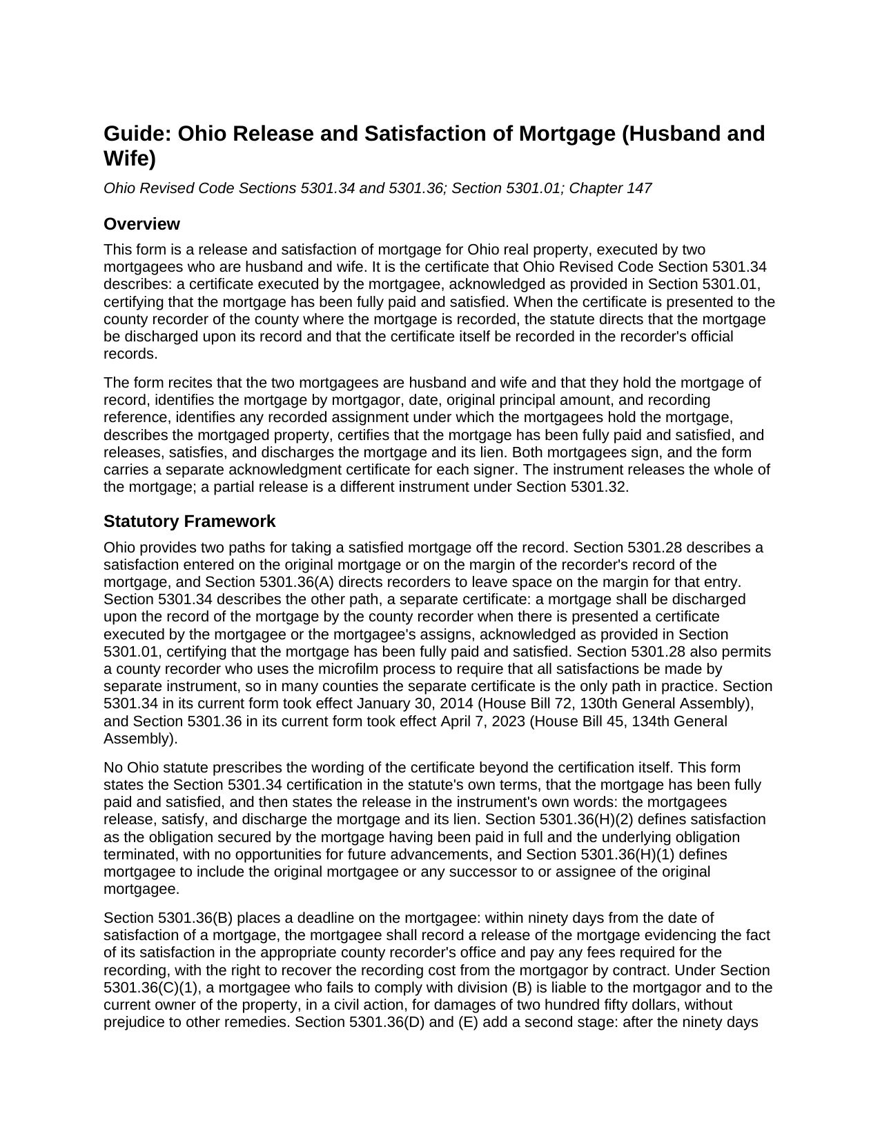 Perry County Release and Satisfaction of Mortgage (Husband and Wife) Guide