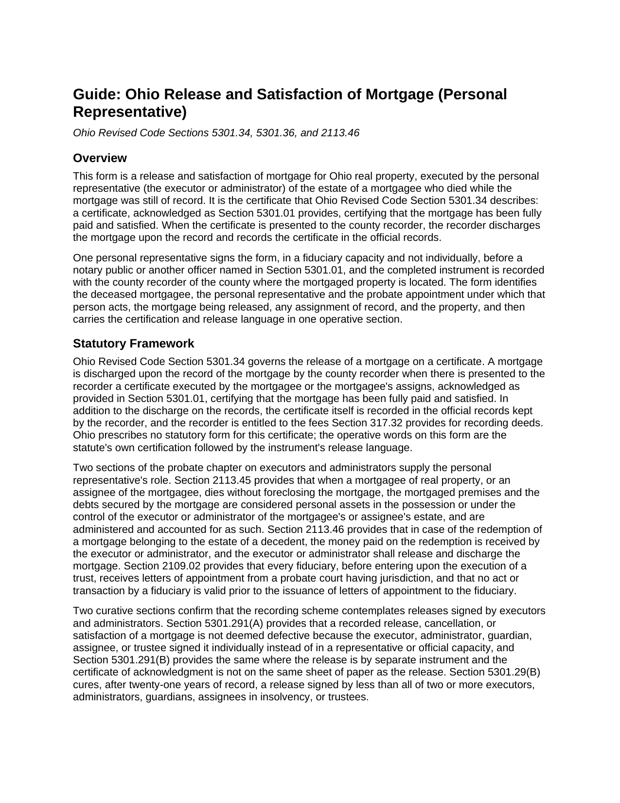 Perry County Release and Satisfaction of Mortgage (Personal Representative) Guide