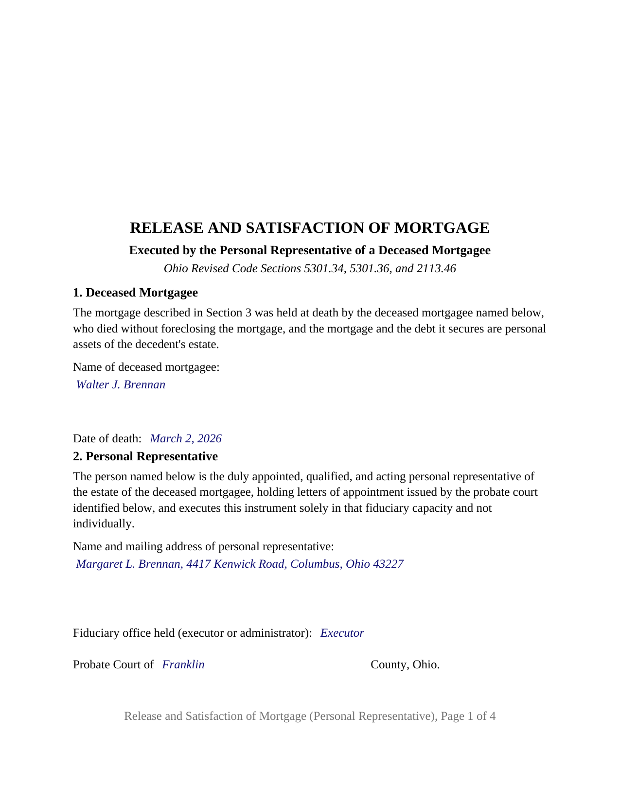 Perry County Completed Example of the Release and Satisfaction of Mortgage (Personal Representative) Document