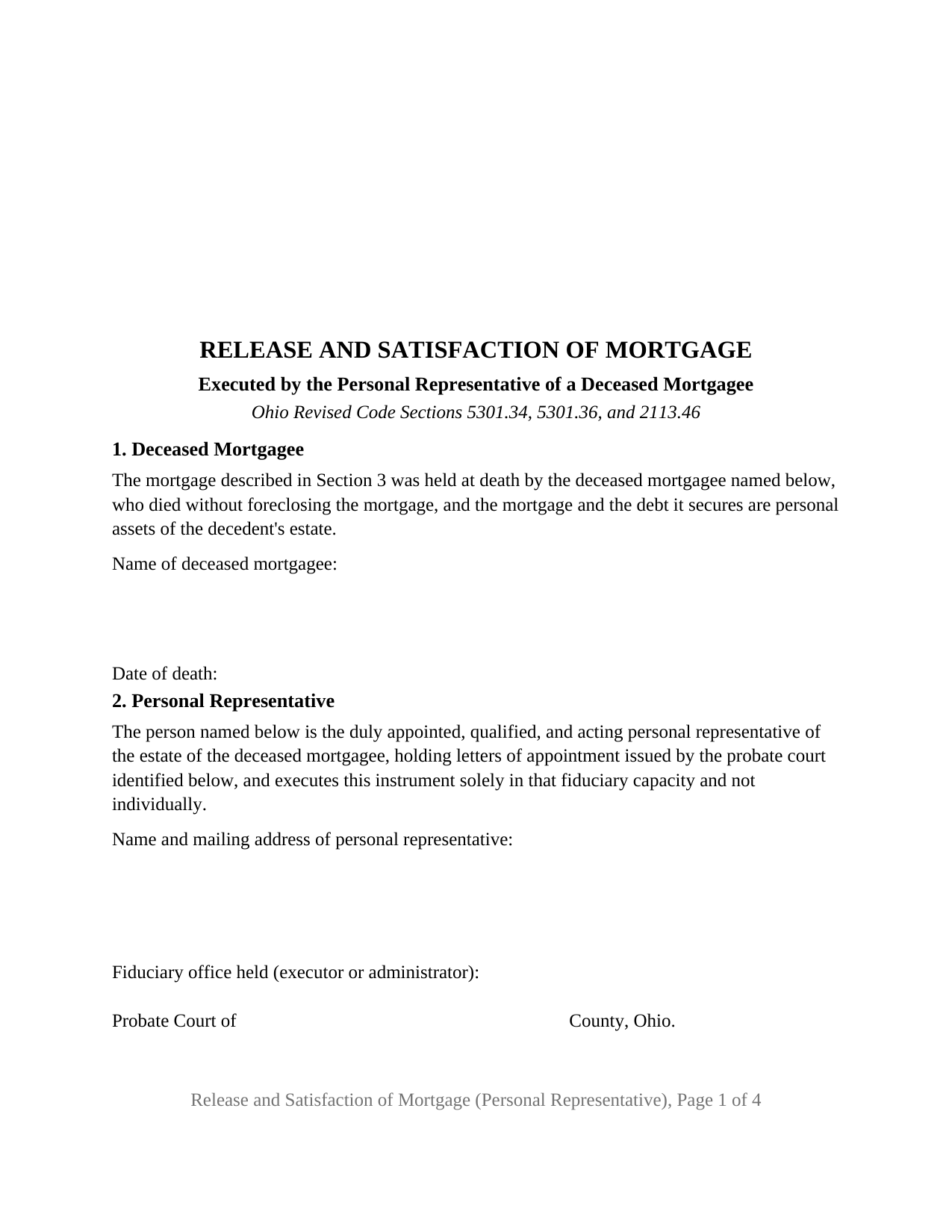 Perry County Release and Satisfaction of Mortgage (Personal Representative) Form