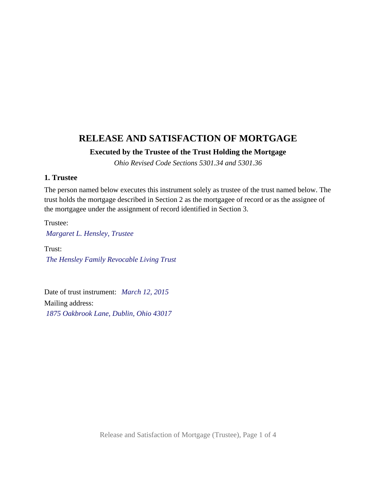 Perry County Completed Example of the Release and Satisfaction of Mortgage (Trustee) Document