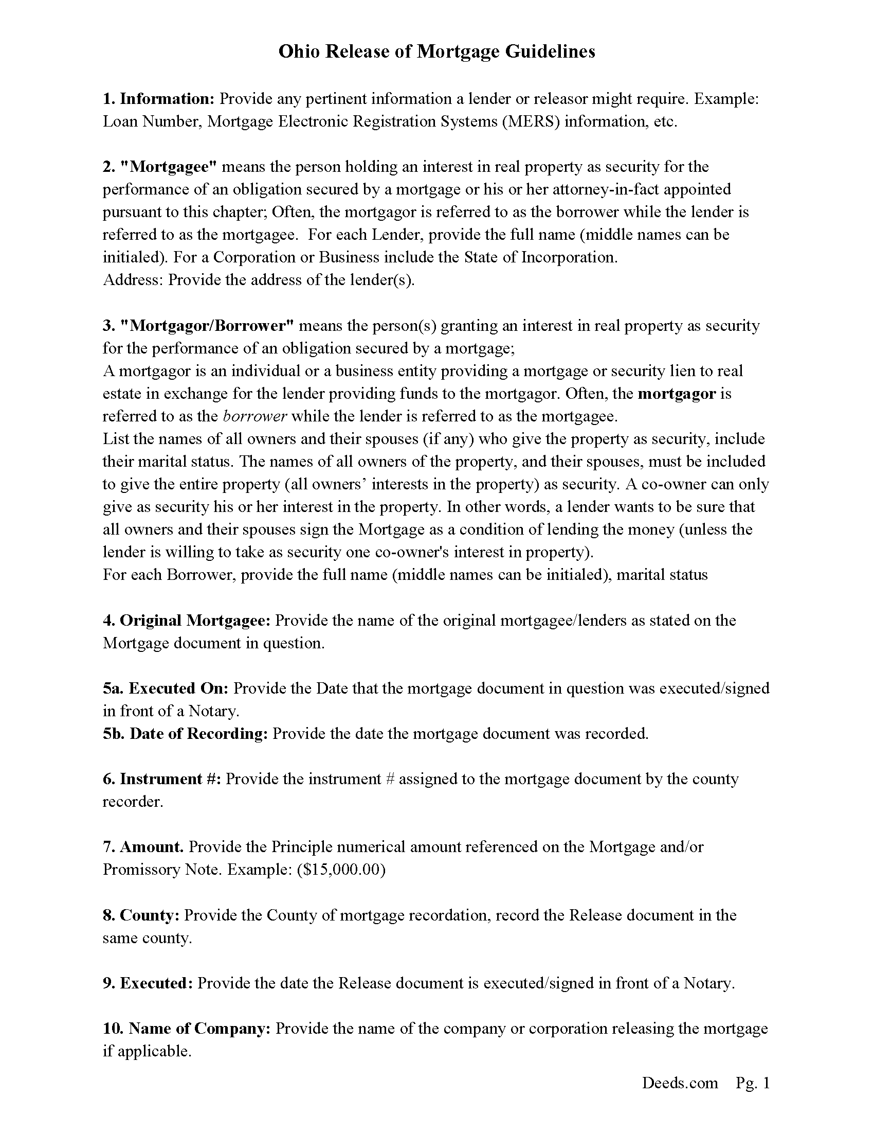 Hocking County Release and Satisfaction Guidelines