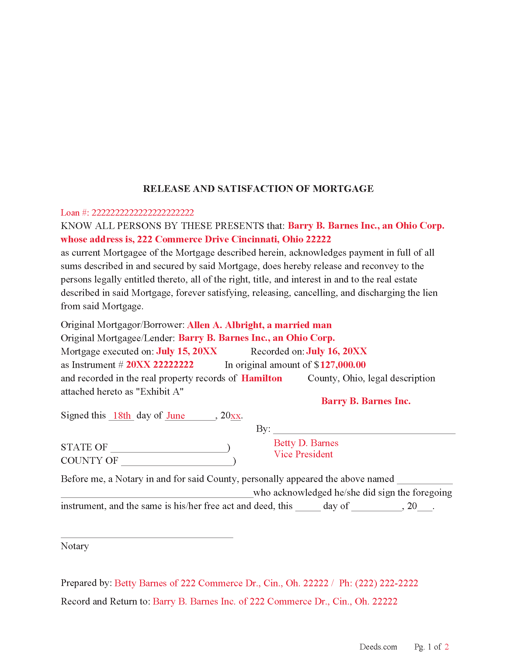 Hocking County Completed Example of the Release and Satisfaction document