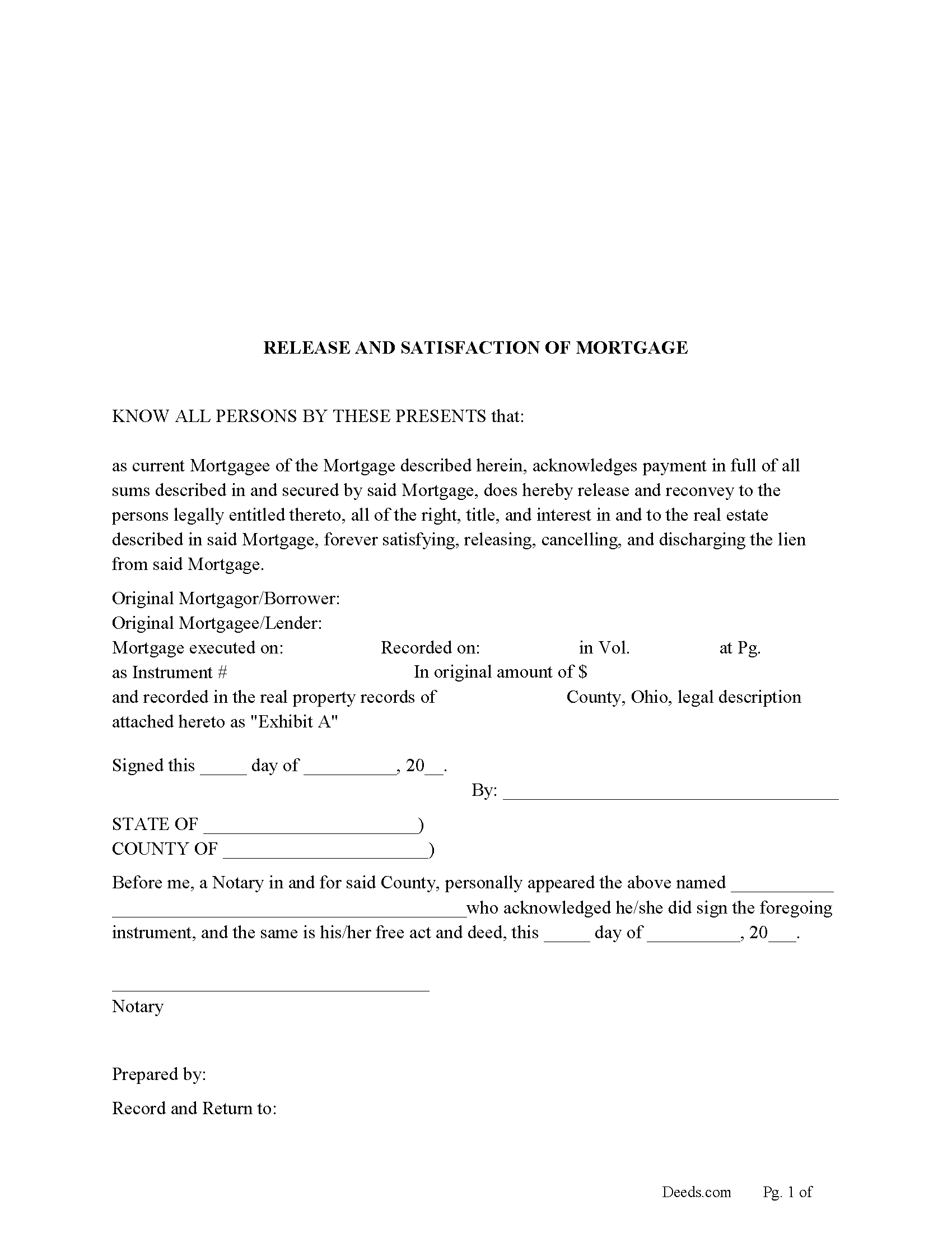 Hocking County Release and Satisfaction of Mortgage Form