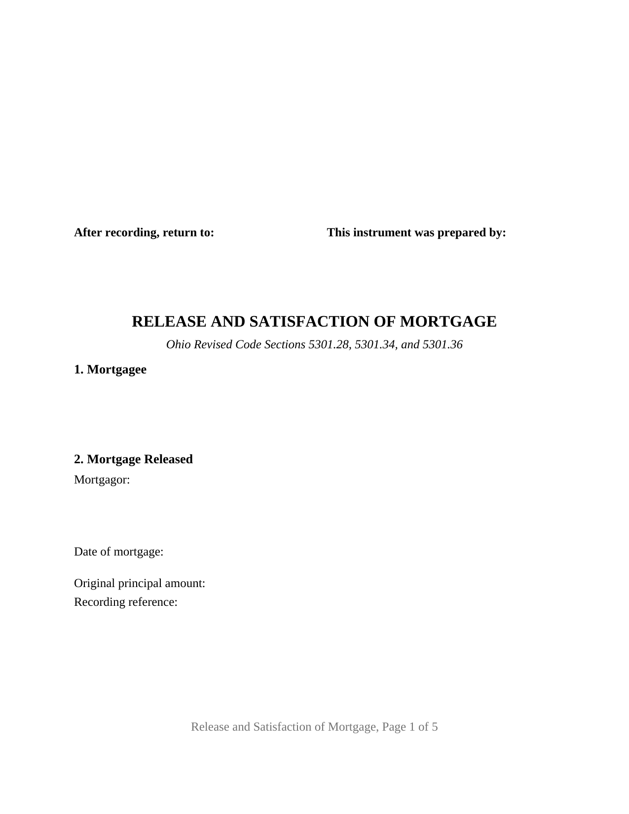 Williams County Release and Satisfaction of Mortgage Form