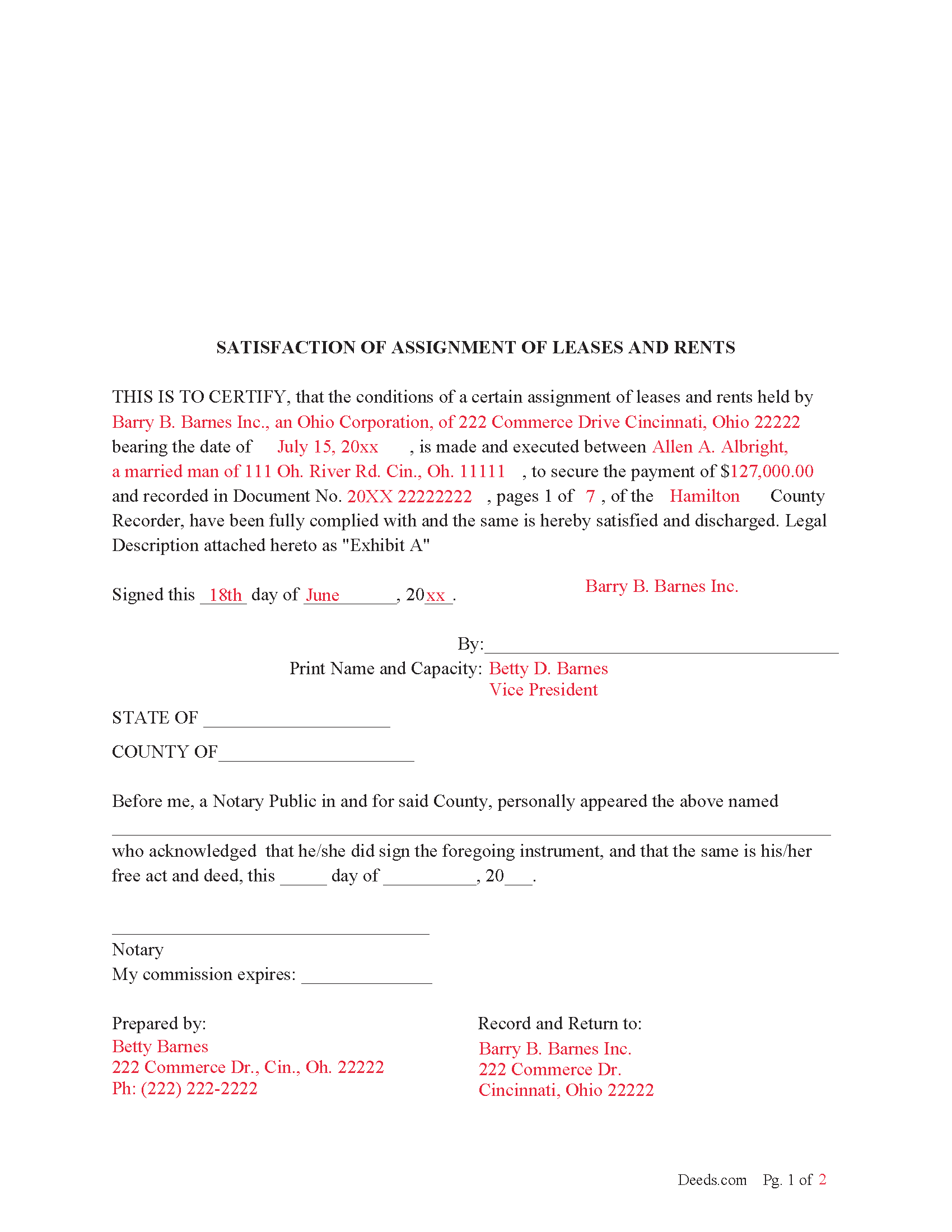 Hocking County Completed Example of the Satisfaction of Assignment of Leases and Rents Document