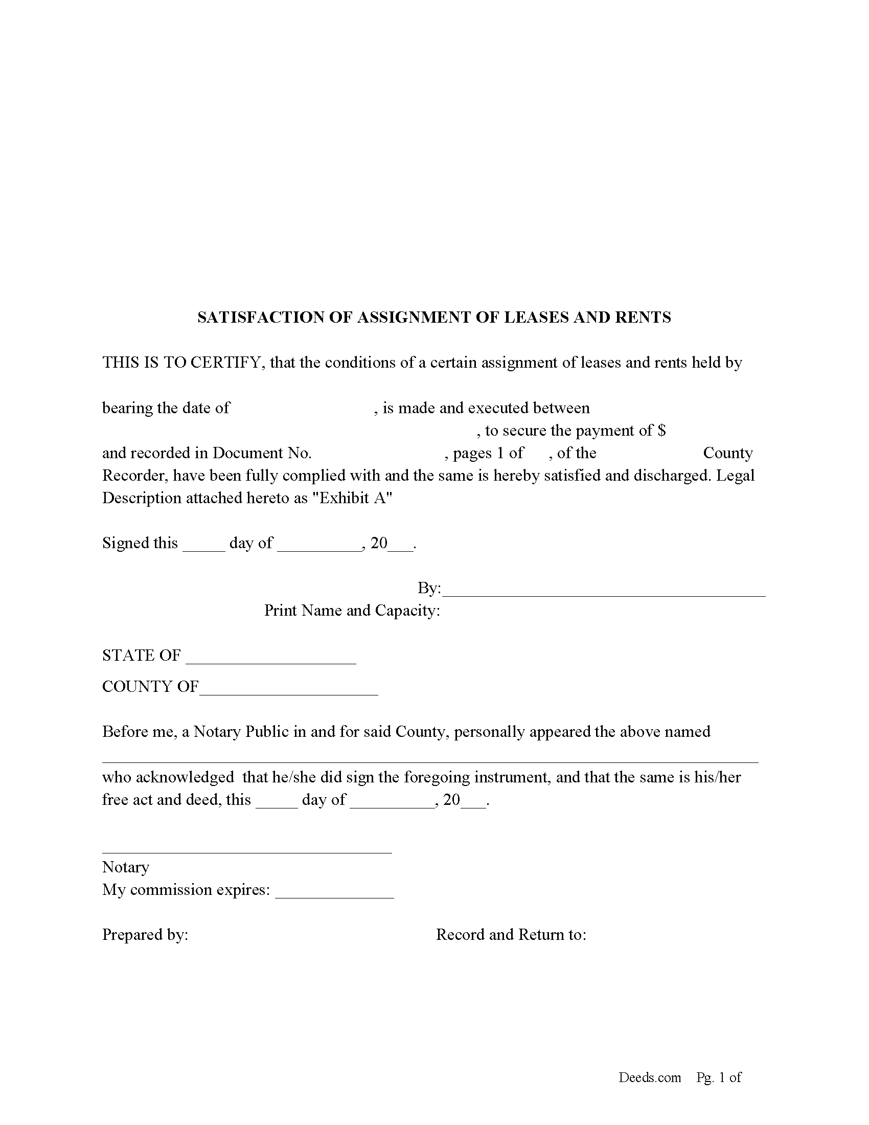 Hocking County Satisfaction of Assignment of Leases and Rents Form