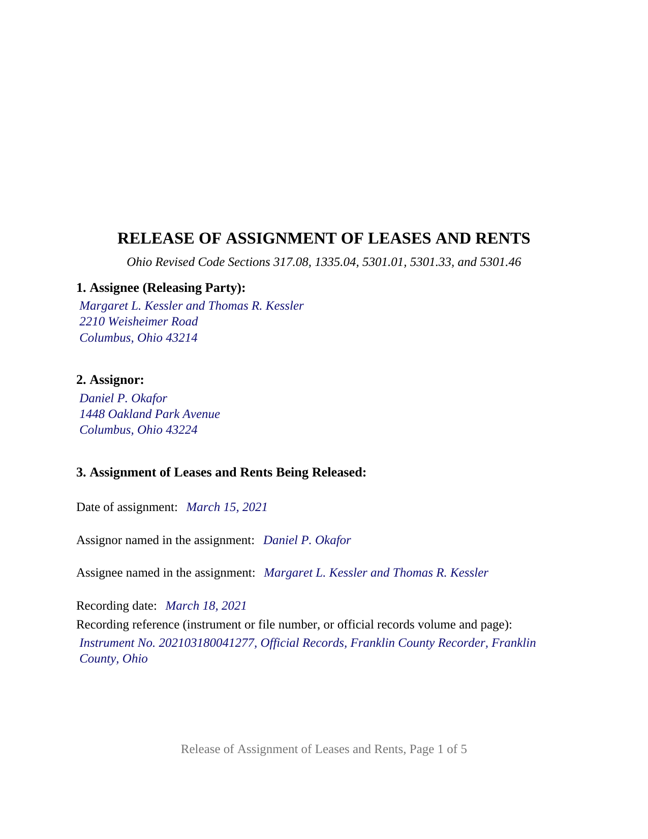 Belmont County Completed Example of the Satisfaction of Assignment of Leases and Rents Document