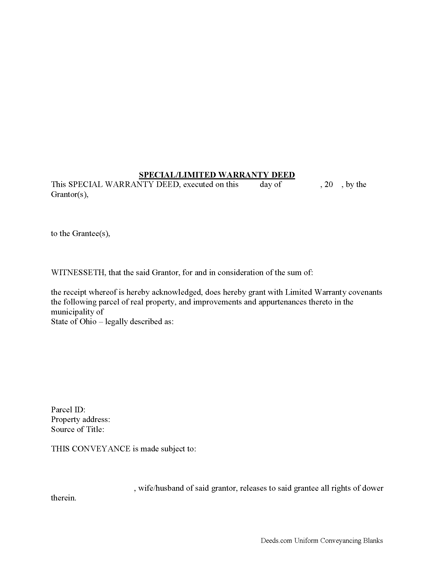 Pickaway County Special Warranty Deed Form