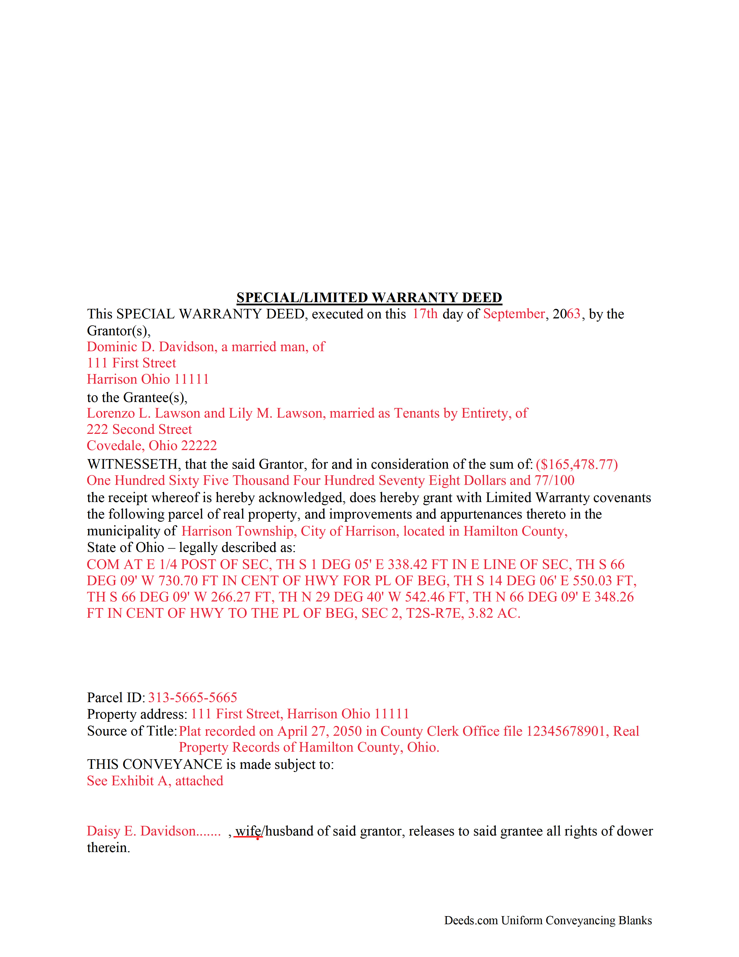 Pickaway County Completed Example of the Special Warranty Deed Document