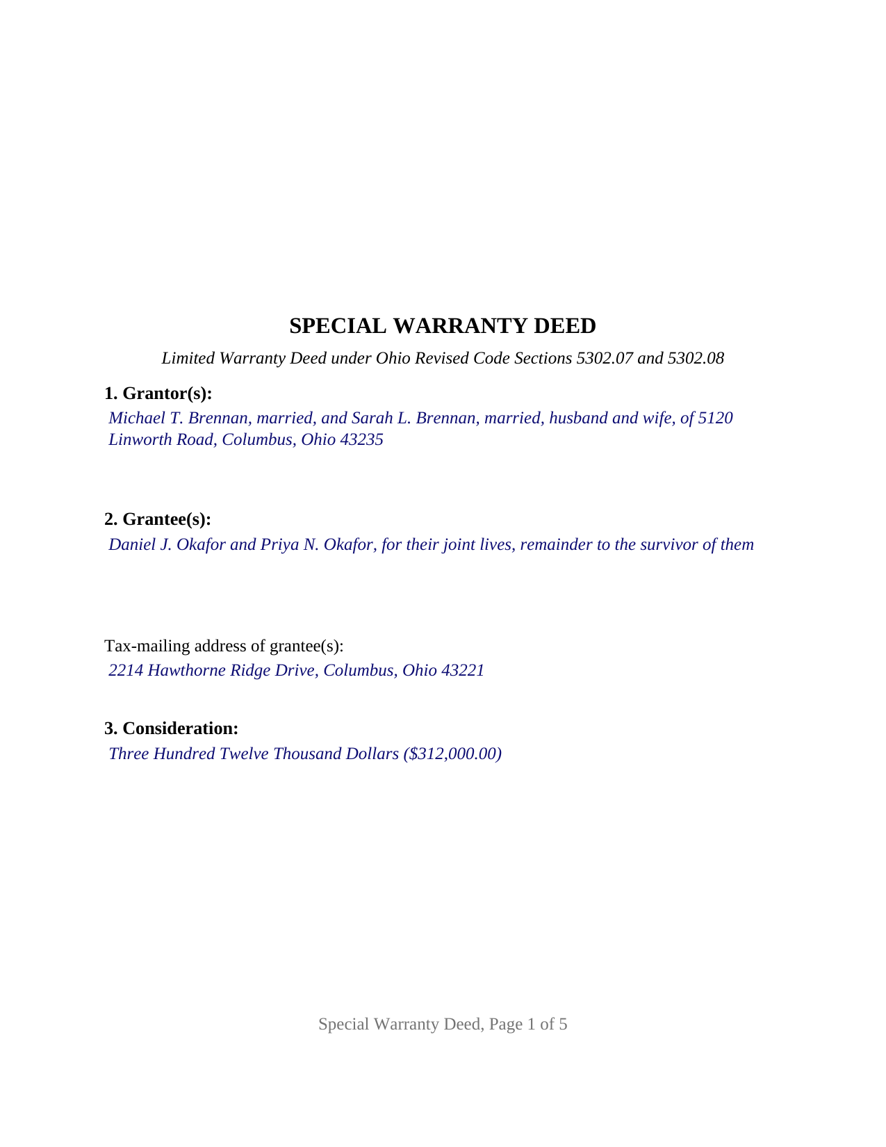 Hocking County Completed Example of the Special Warranty Deed Document