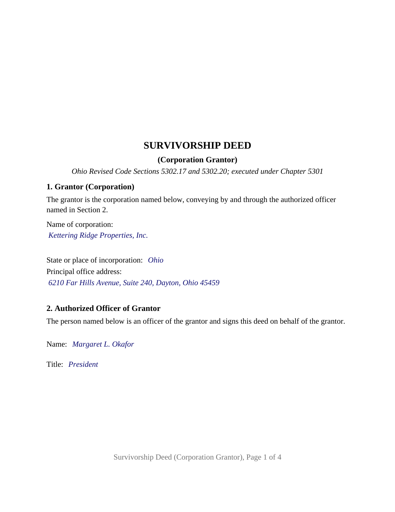 Huron County Completed Example of the Survivorship Deed (Corporation Grantor) Document