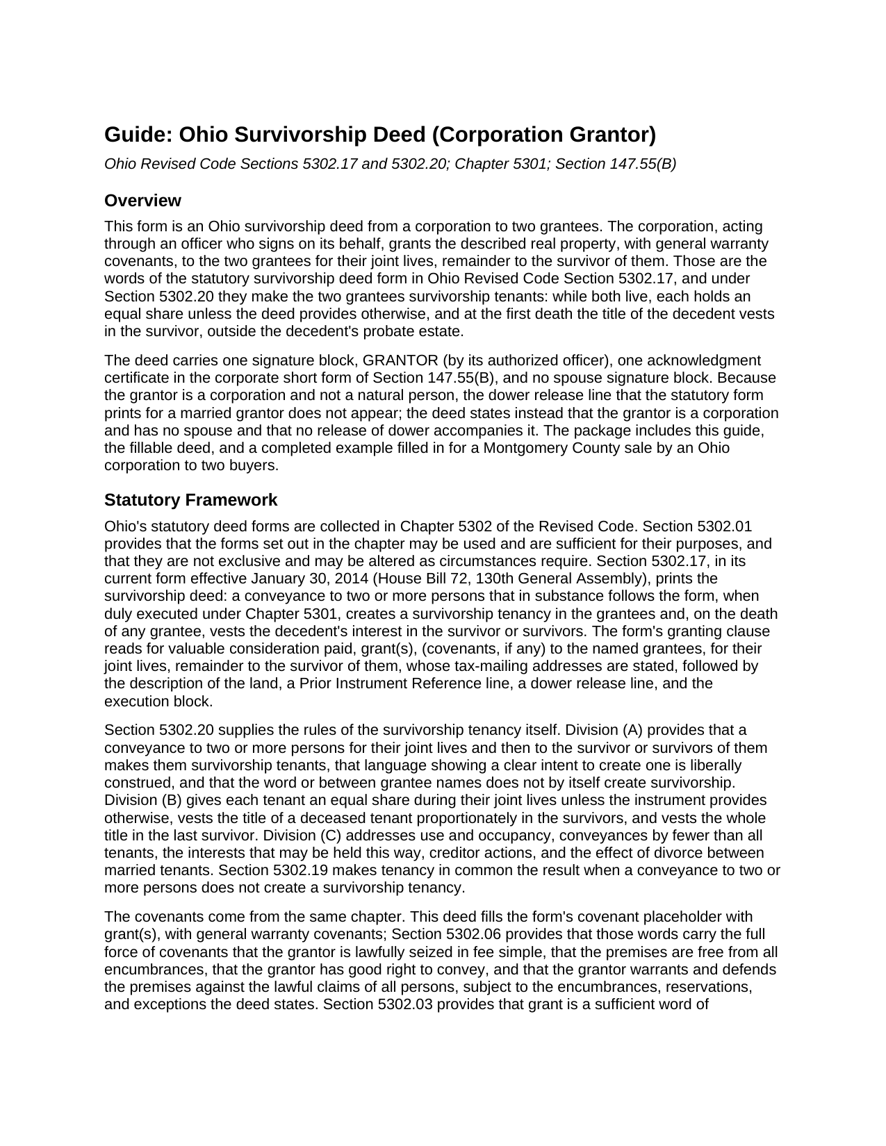 Huron County Survivorship Deed (Corporation Grantor) Guide