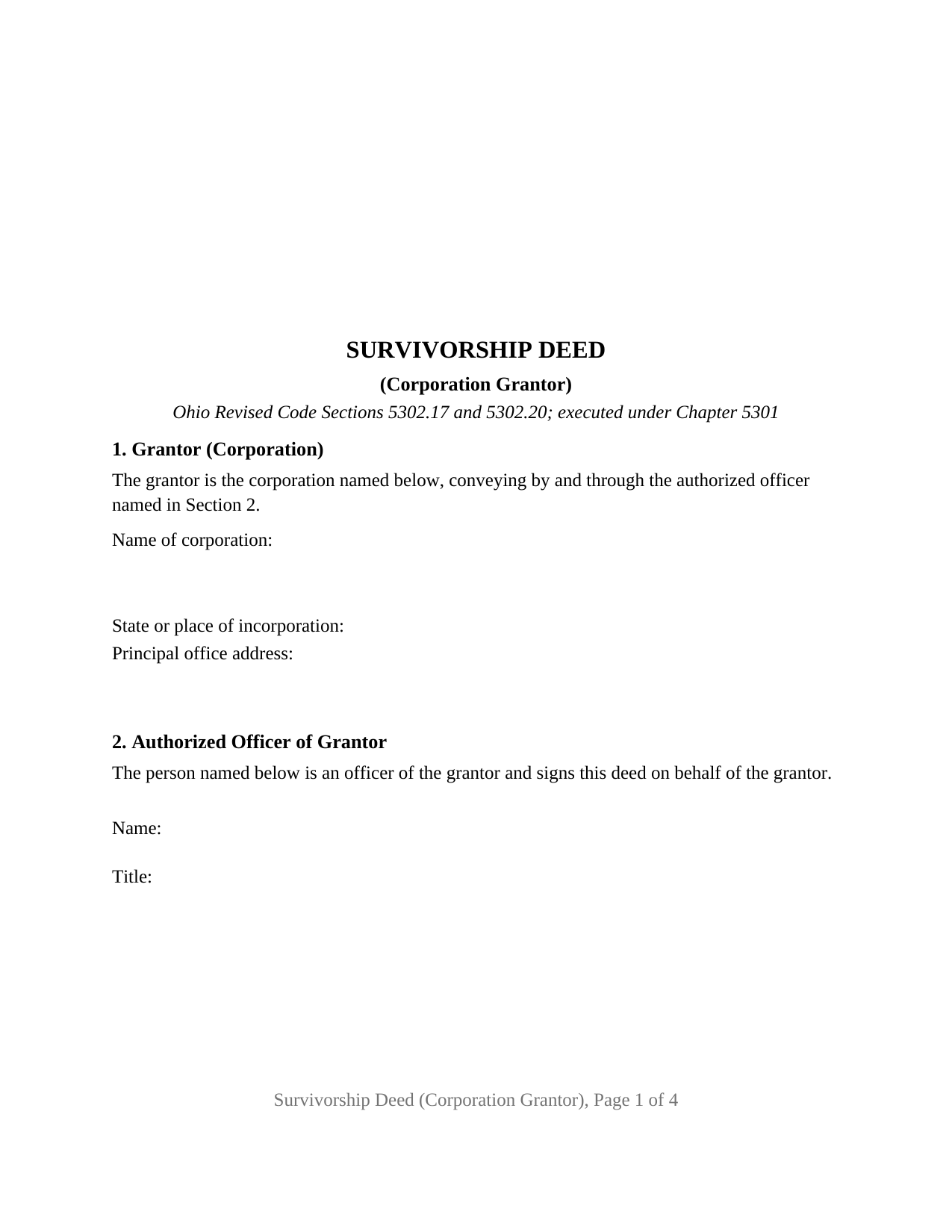 Huron County Survivorship Deed (Corporation Grantor) Form