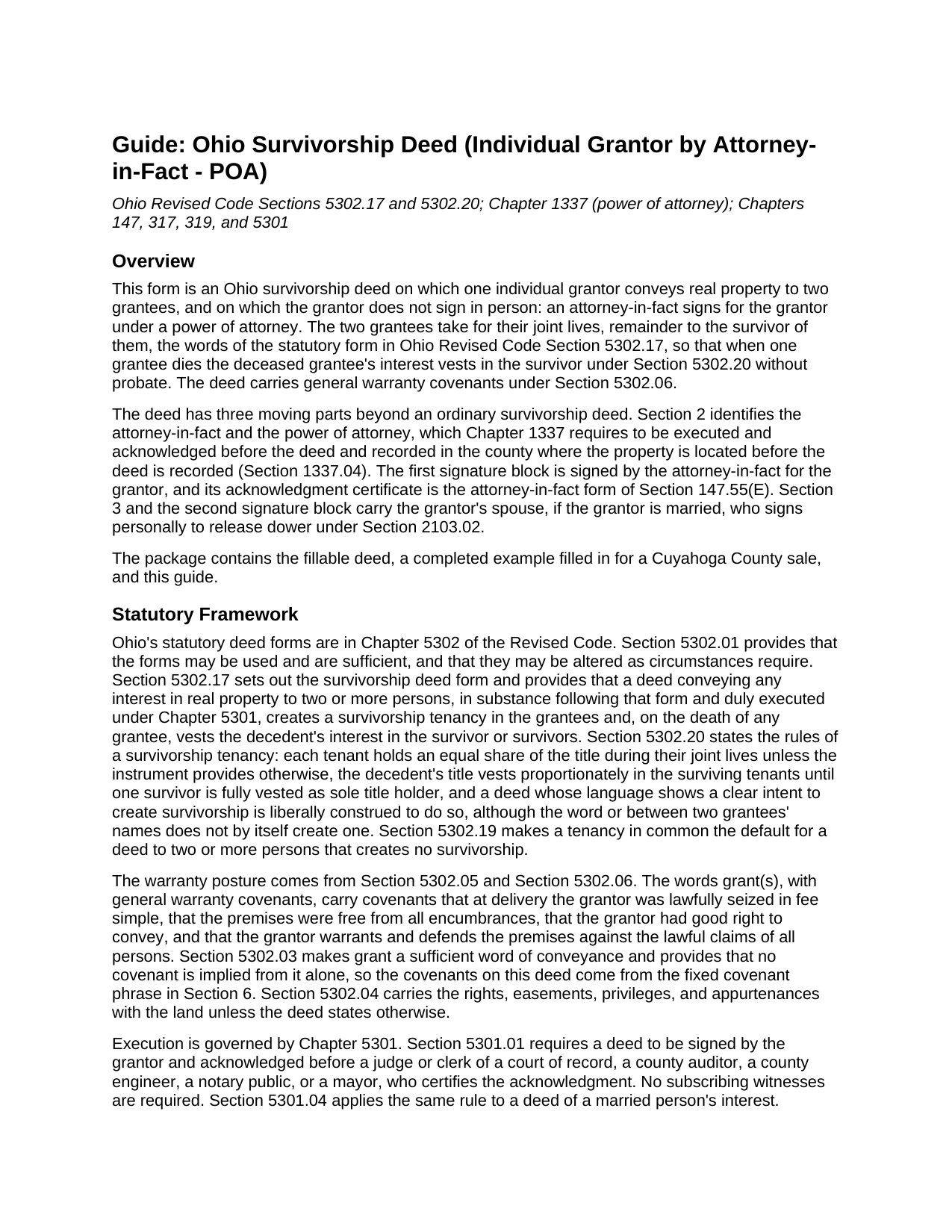 Vinton County Survivorship Deed (Individual Grantor by Attorney-in-Fact - POA) Guide