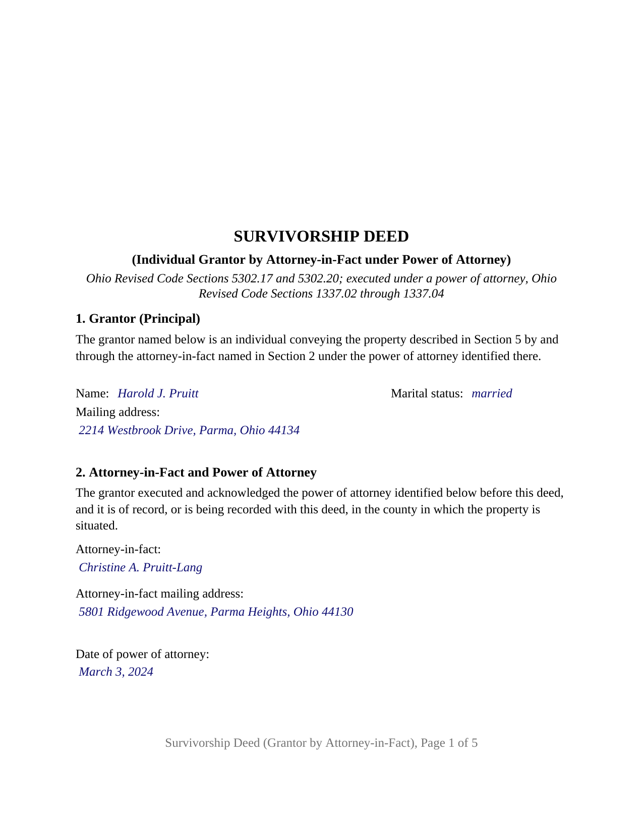 Vinton County Completed Example of the Survivorship Deed (Individual Grantor by Attorney-in-Fact - POA) Document