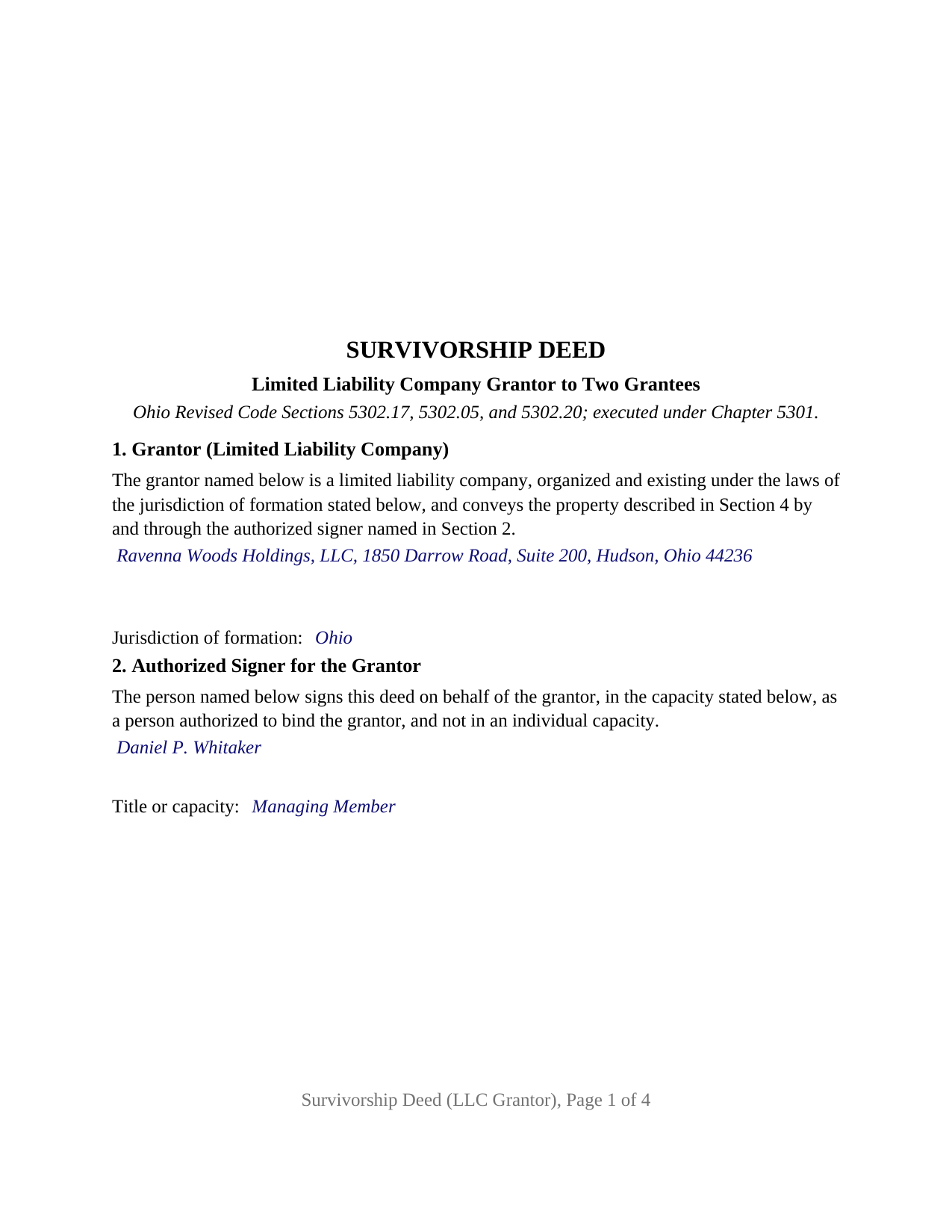 Huron County Completed Example of the Survivorship Deed (LLC Grantor) Document
