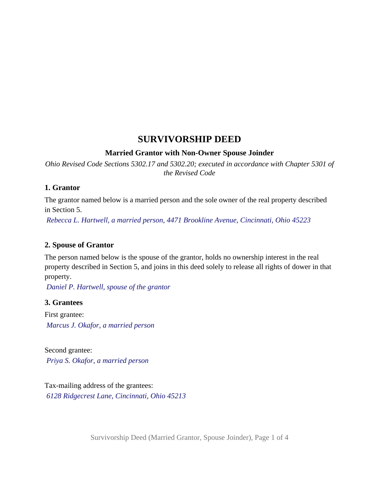Monroe County Completed Example of the Survivorship Deed (Married Grantor with Non-Owner Spouse Joinder) Document