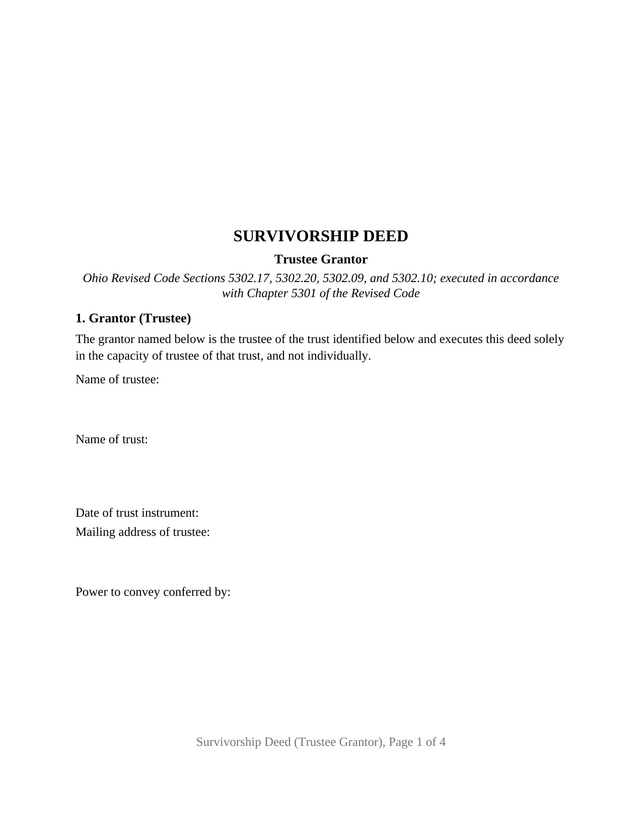 Clermont County Survivorship Deed (Trustee Grantor) Form
