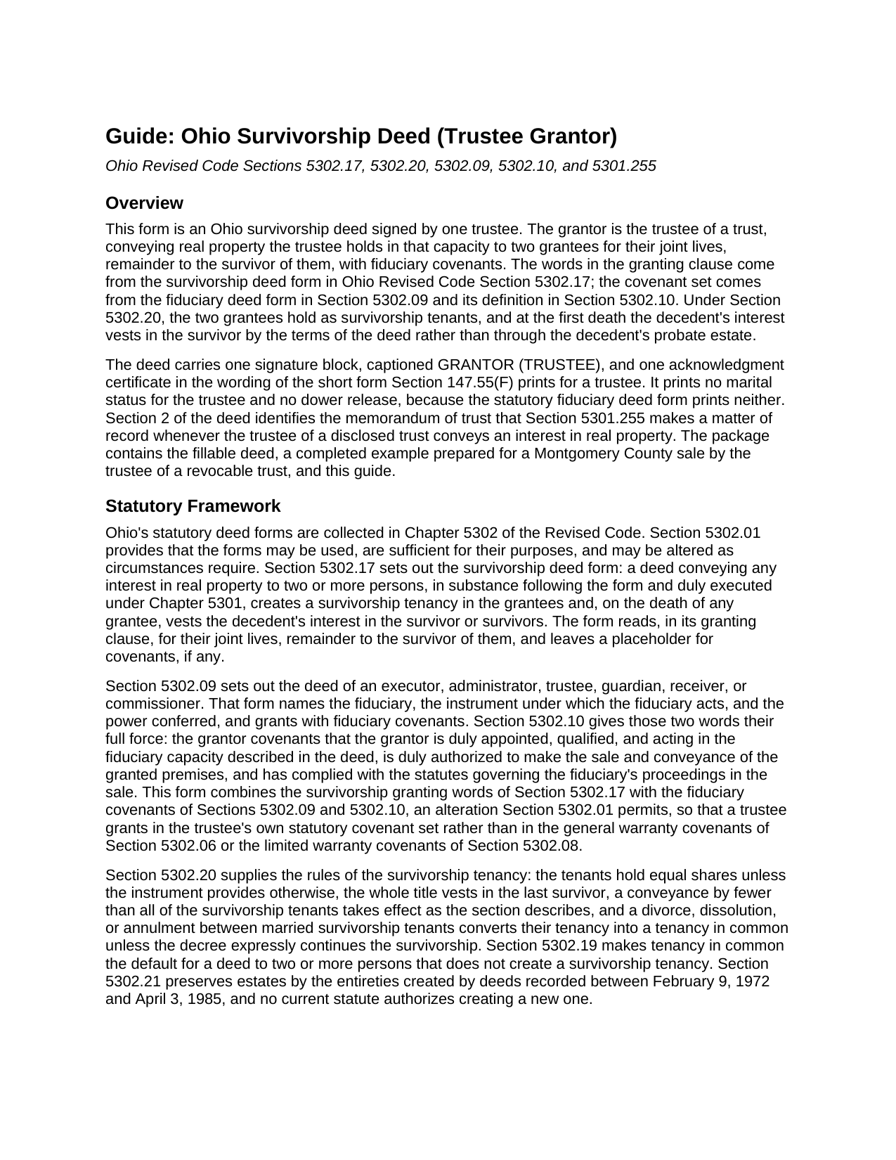 Clermont County Survivorship Deed (Trustee Grantor) Guide