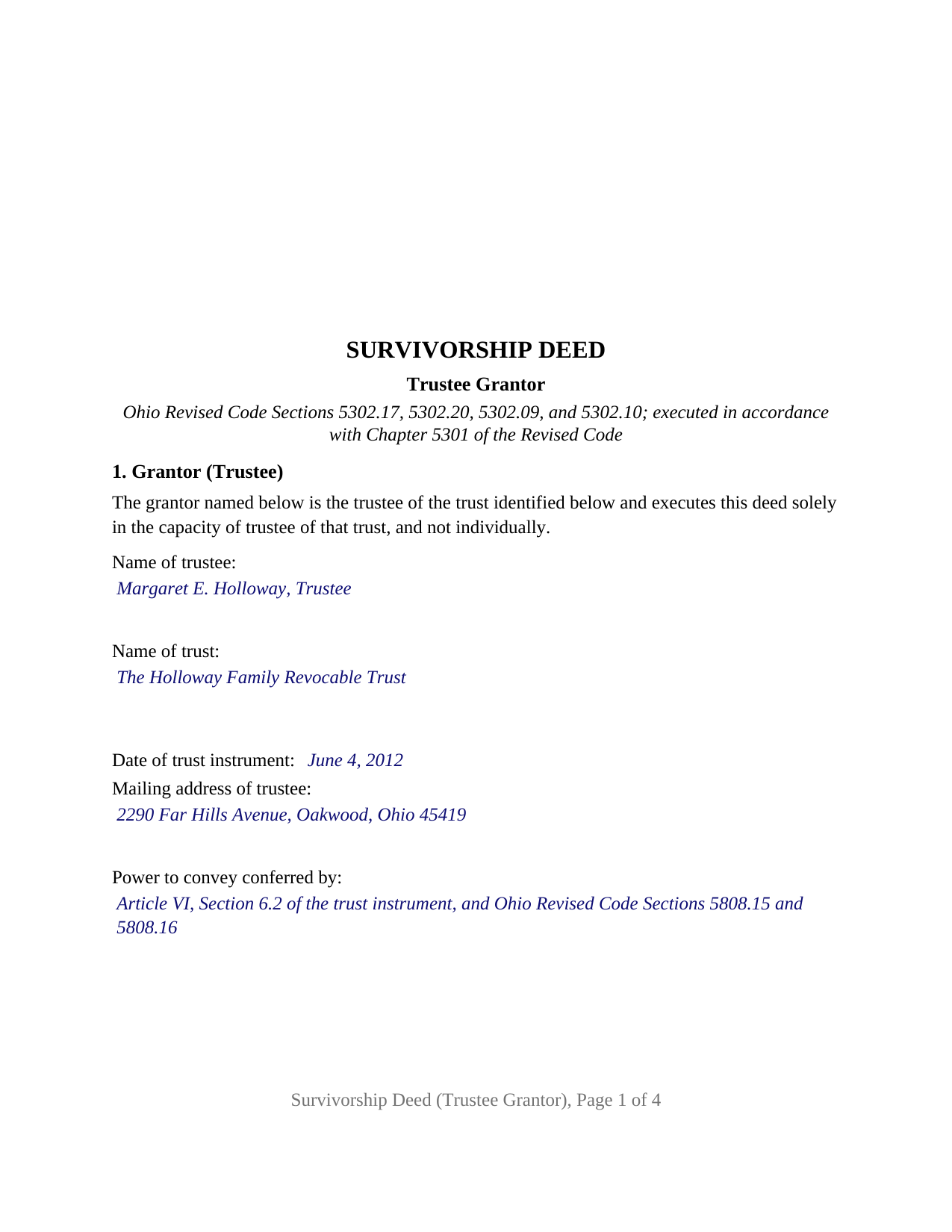 Clermont County Completed Example of the Survivorship Deed (Trustee Grantor) Document