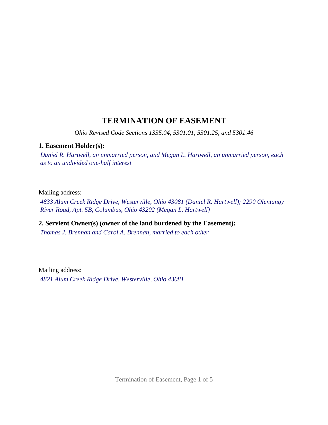Wyandot County Completed Example of the Termination of Easement Document