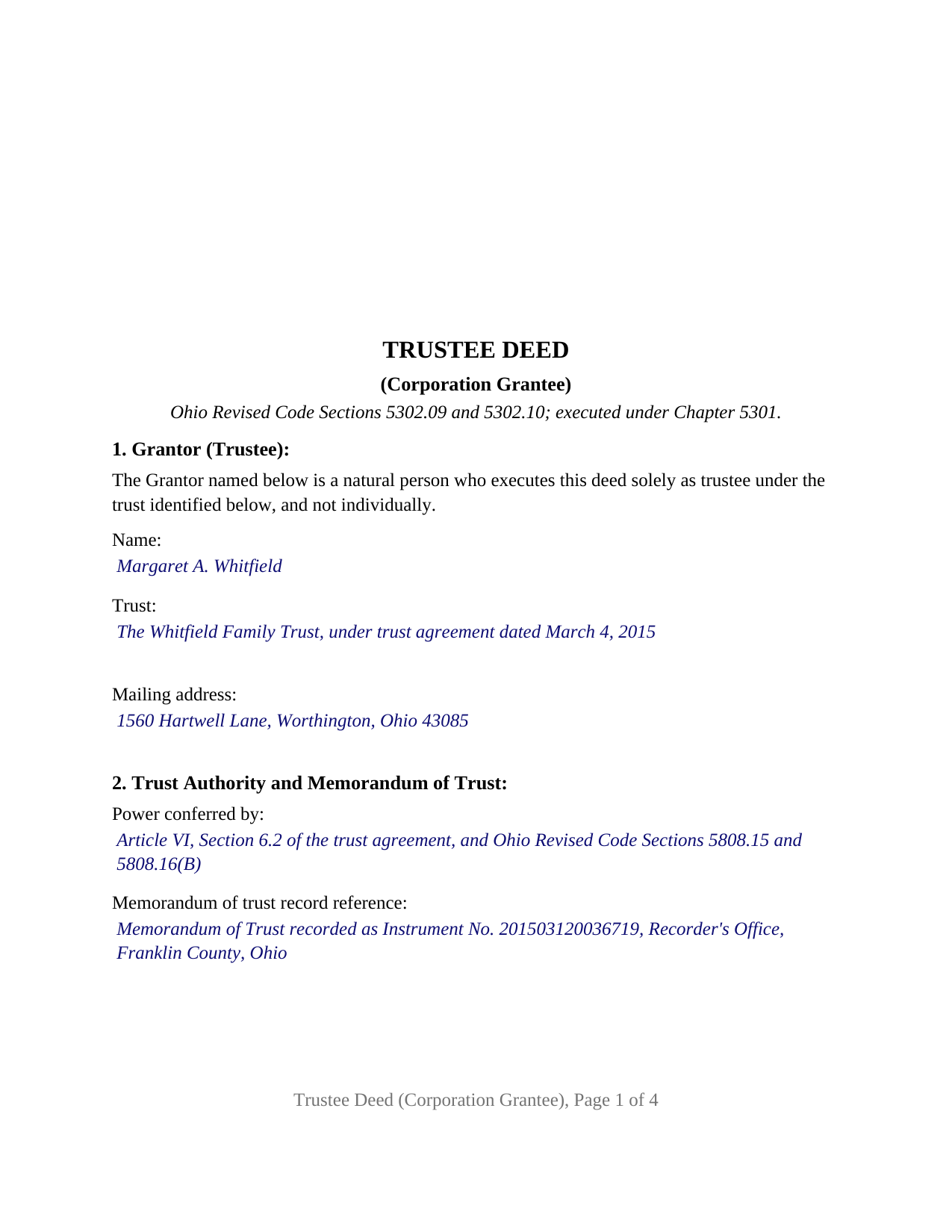 Wyandot County Completed Example of the Trustee Deed (Corporation Grantee) Document
