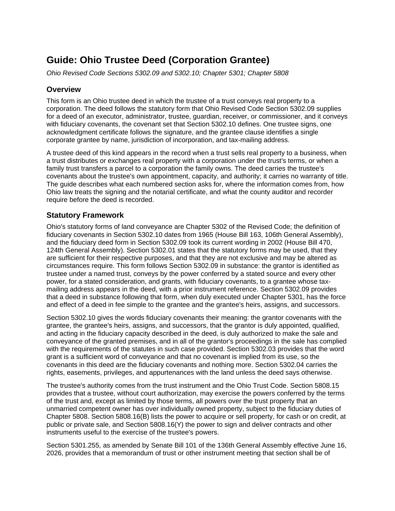 Wyandot County Trustee Deed (Corporation Grantee) Guide
