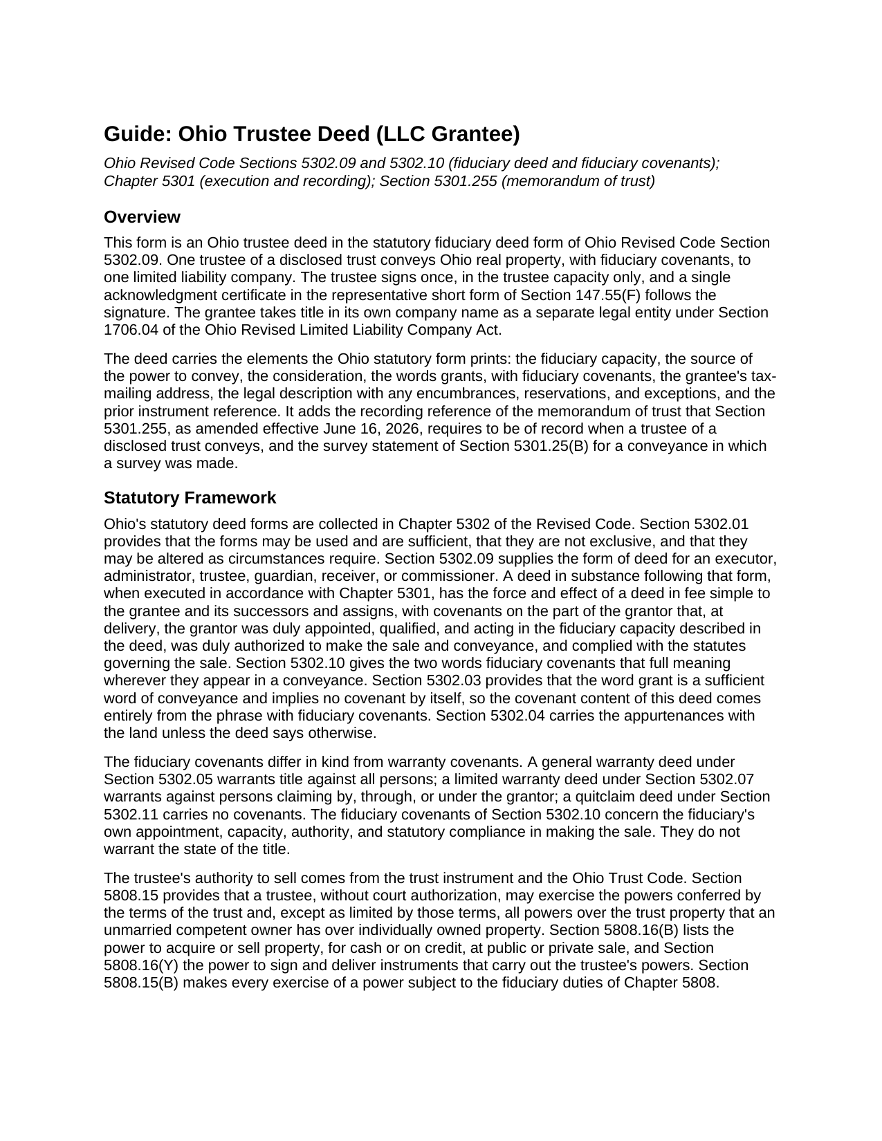 Wyandot County Trustee Deed (LLC Grantee) Guide