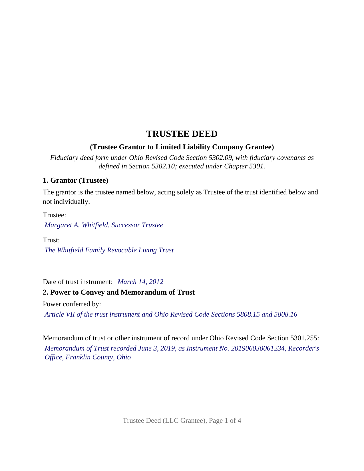 Wyandot County Completed Example of the Trustee Deed (LLC Grantee) Document