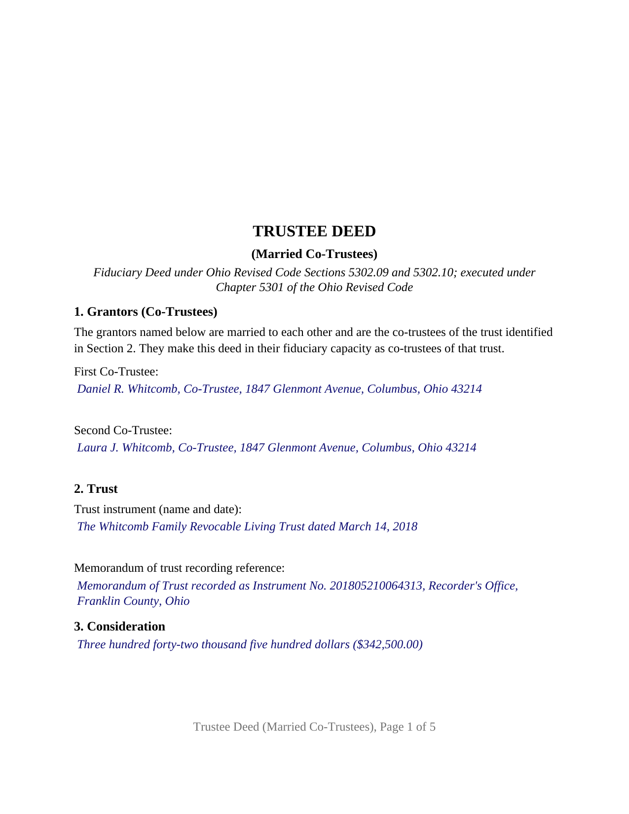 Wyandot County Completed Example of the Trustee Deed (Married Co-Trustees) Document