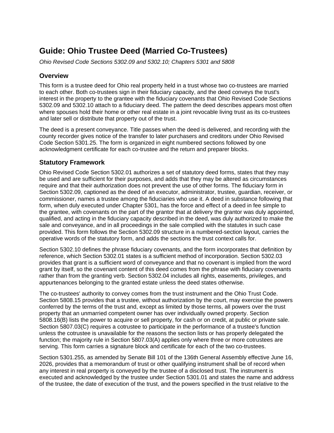 Wyandot County Trustee Deed (Married Co-Trustees) Guide