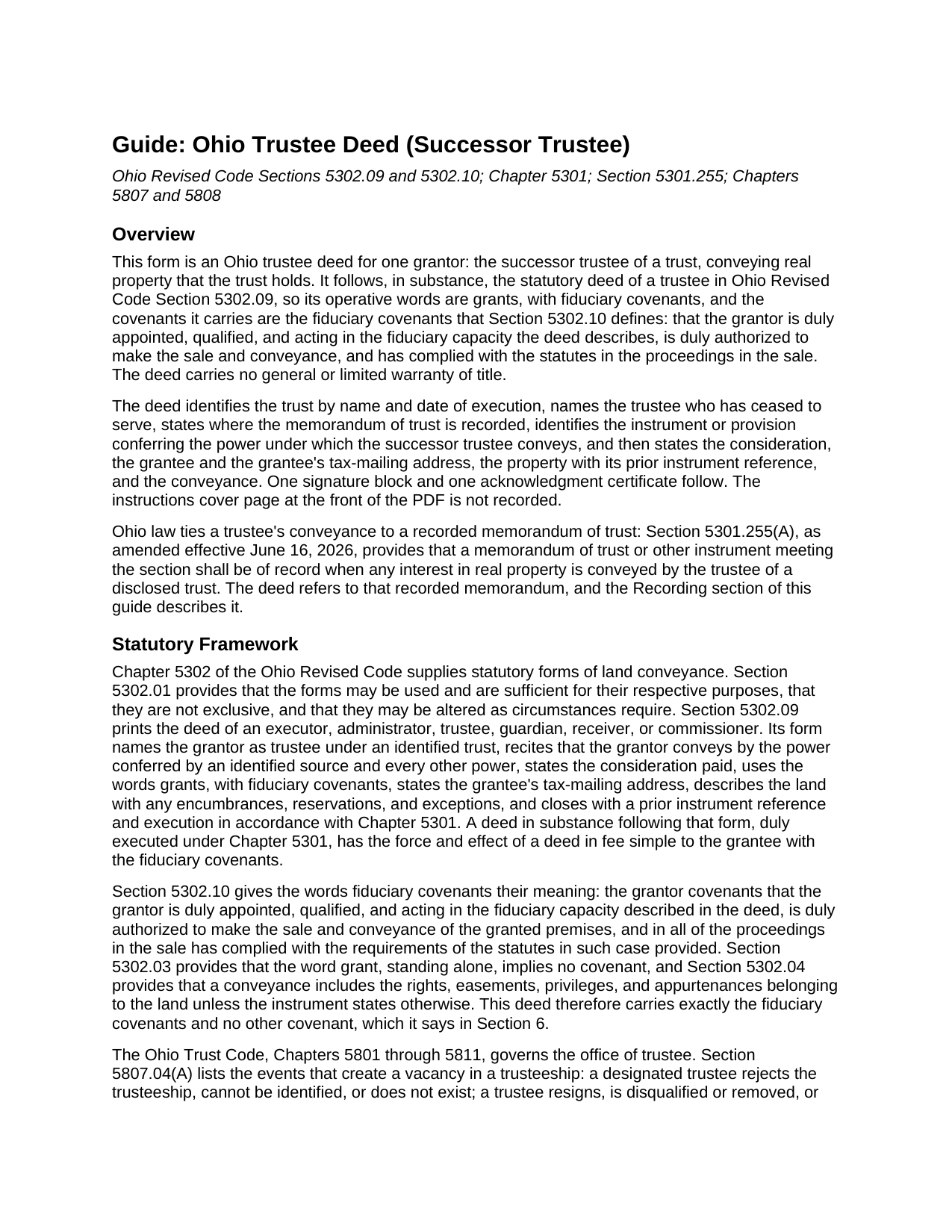 Wyandot County Trustee Deed (Successor Trustee) Guide