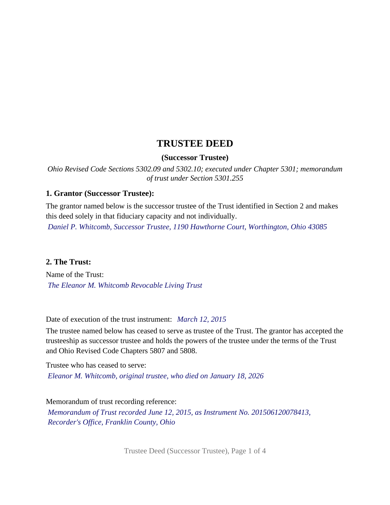 Wyandot County Completed Example of the Trustee Deed (Successor Trustee) Document