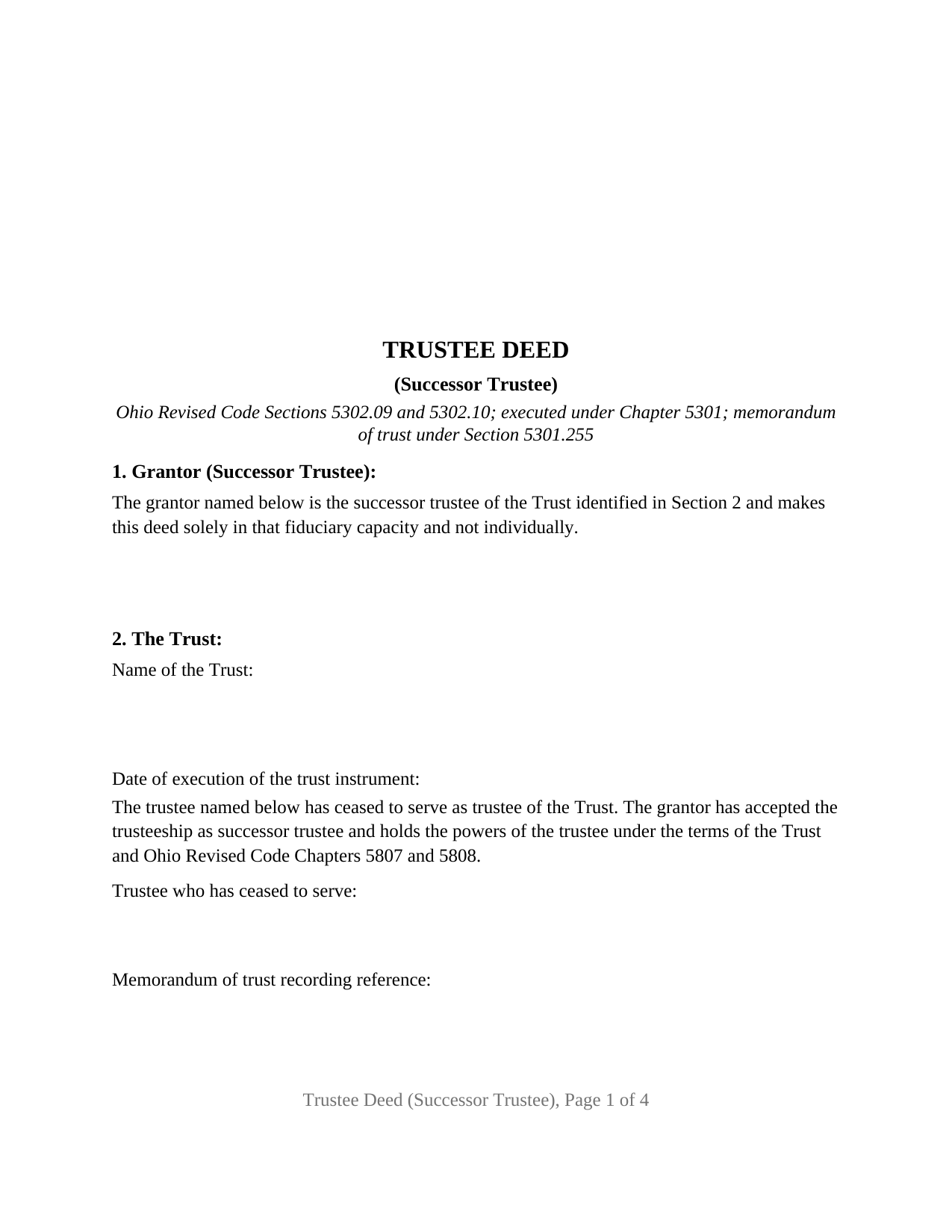 Wyandot County Trustee Deed (Successor Trustee) Form