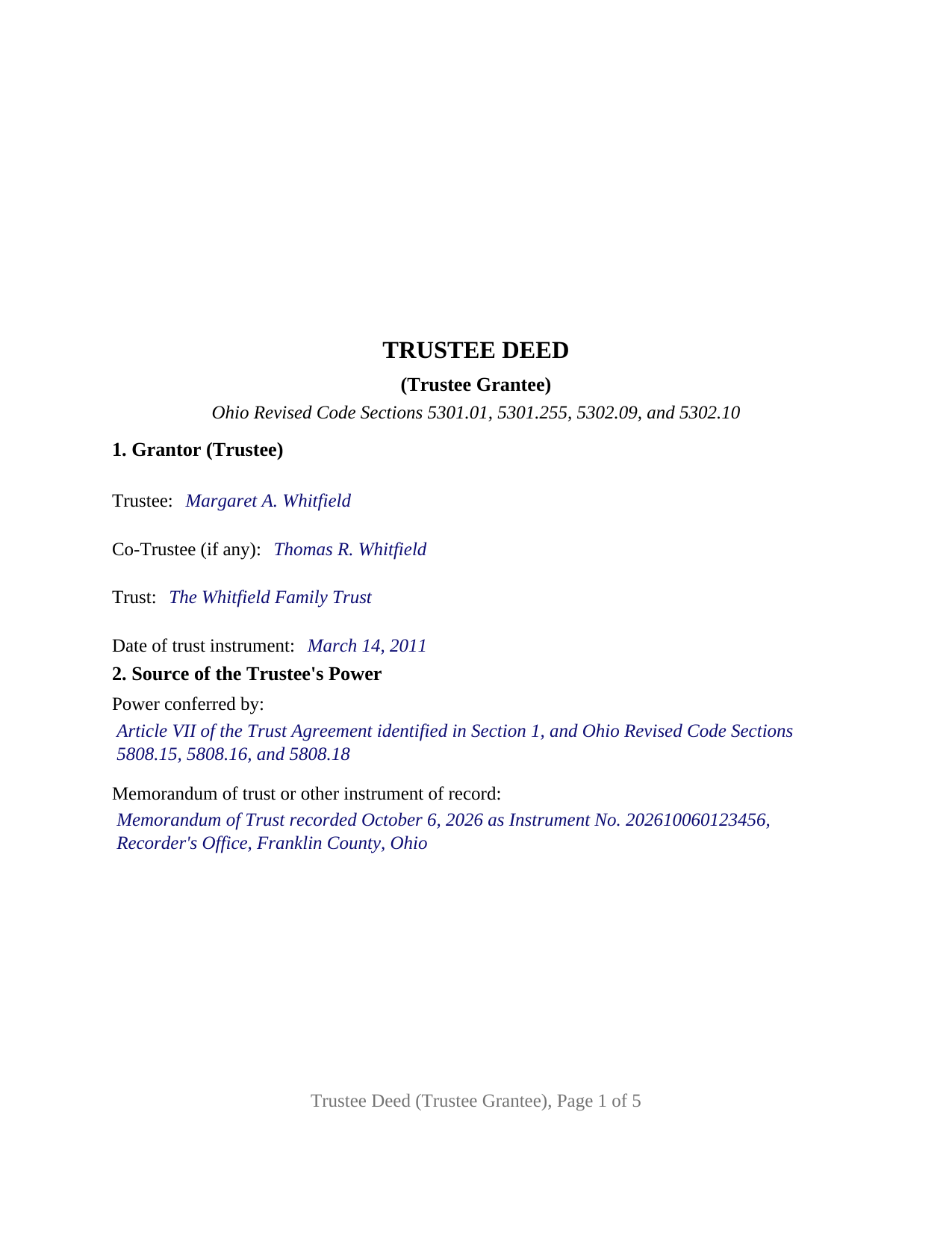 Clinton County Completed Example of the Trustee Deed (Trustee Grantee) Document