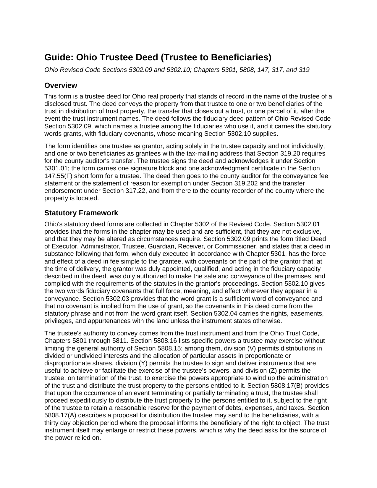 Wyandot County Trustee Deed (Trustee to Beneficiaries) Guide