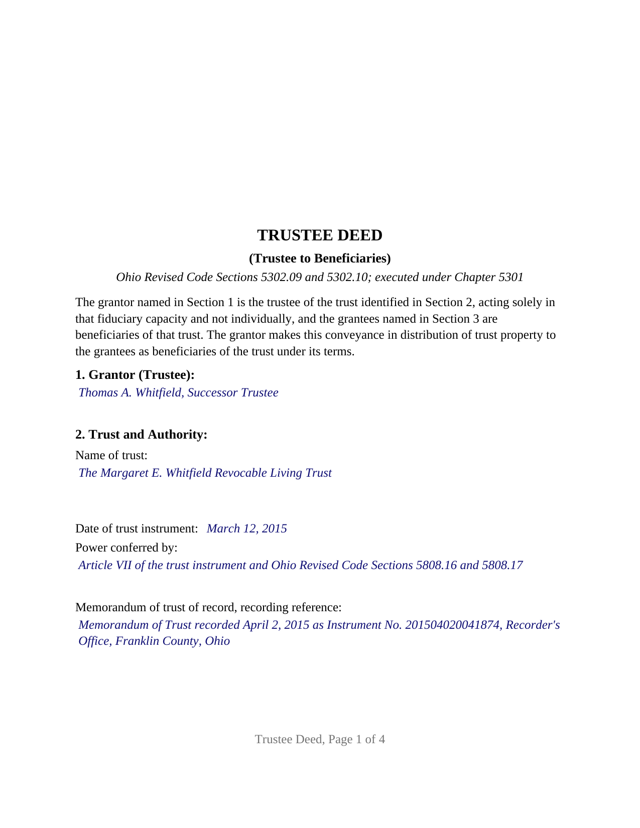 Wyandot County Completed Example of the Trustee Deed (Trustee to Beneficiaries) Document