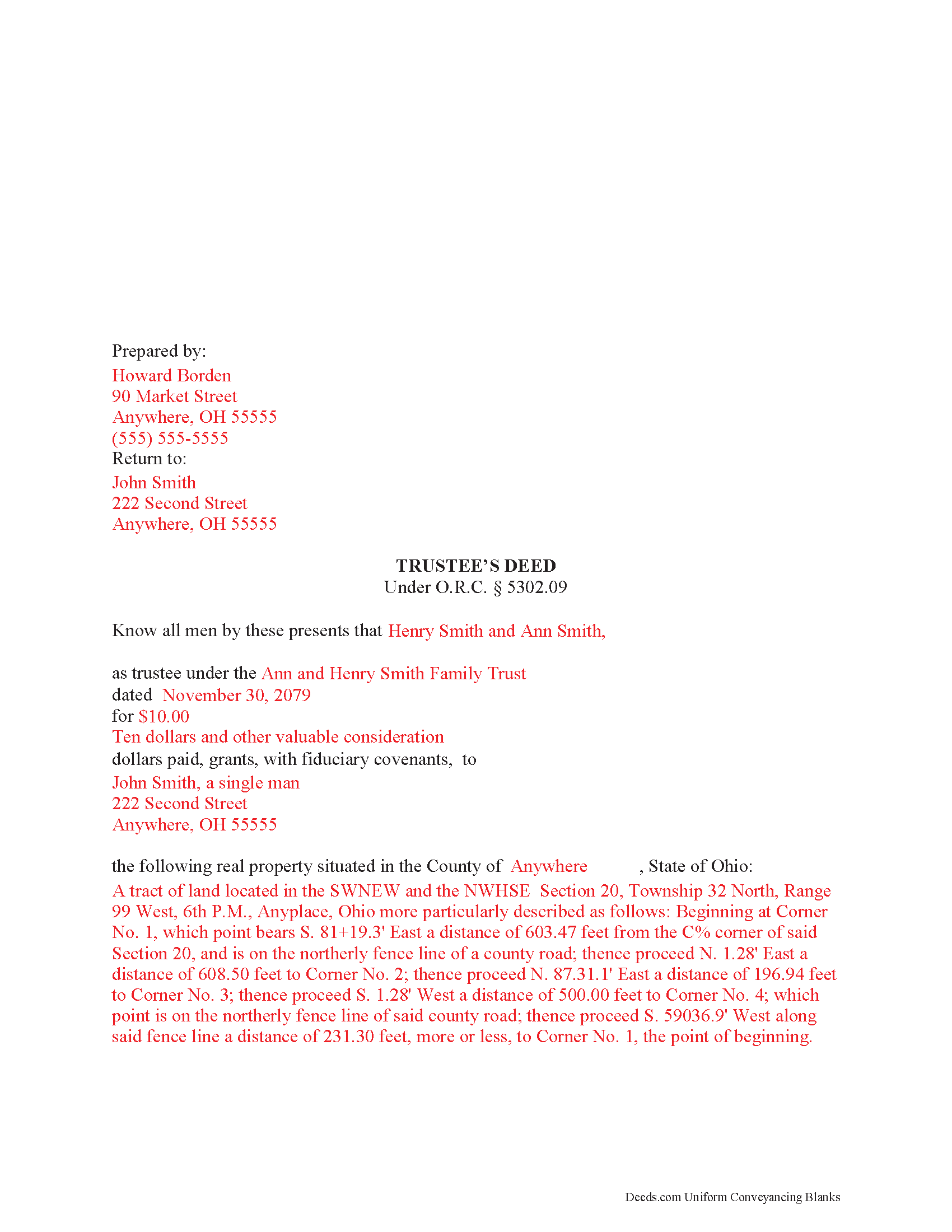 Hocking County Completed Example of the Trustee Deed Document