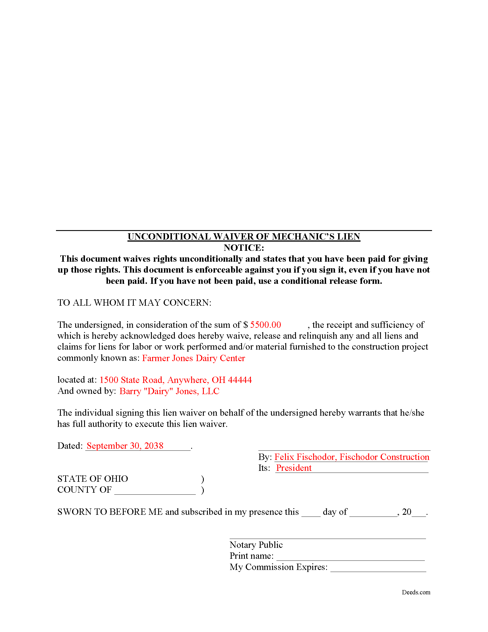 Completed Example of the Unconditional Lien Waiver Document