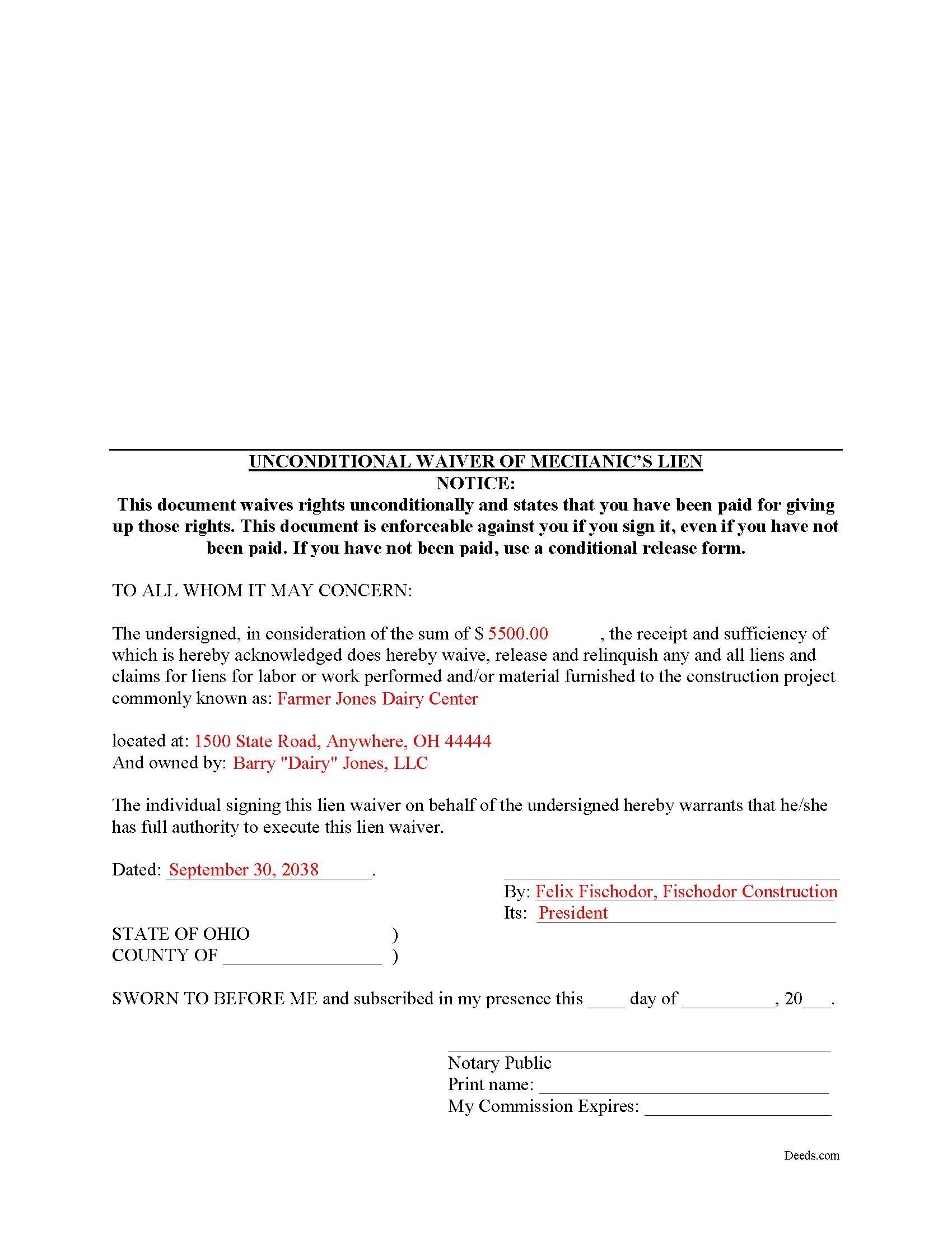 Richland County Completed Example of the Unconditional Lien Waiver Document