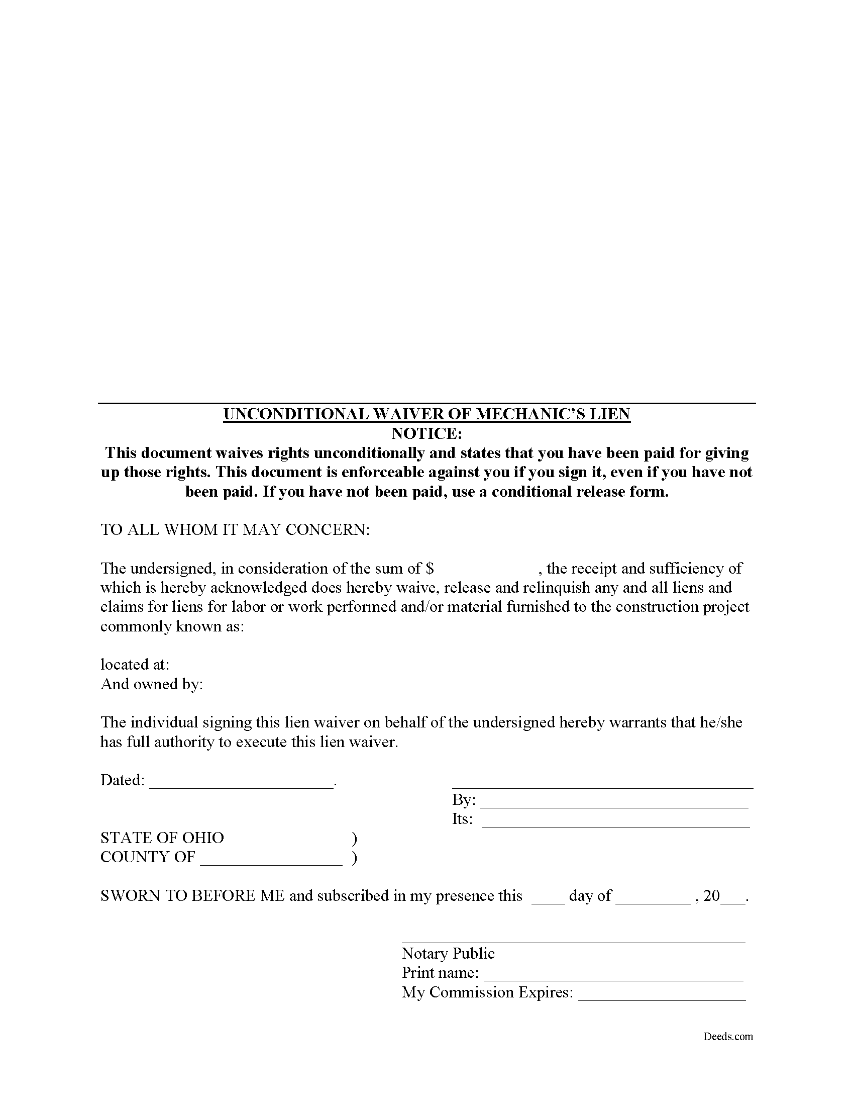 Richland County Unconditional Lien Waiver Form
