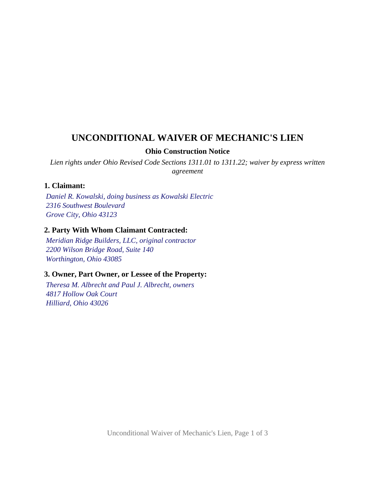 Guernsey County Completed Example of the Unconditional Lien Waiver Document