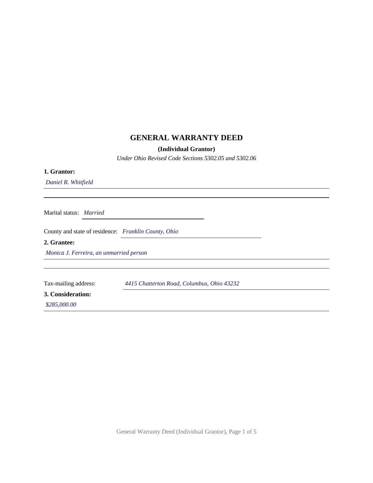 Carroll County Completed Example of the Warranty Deed (Individual Grantor) Document