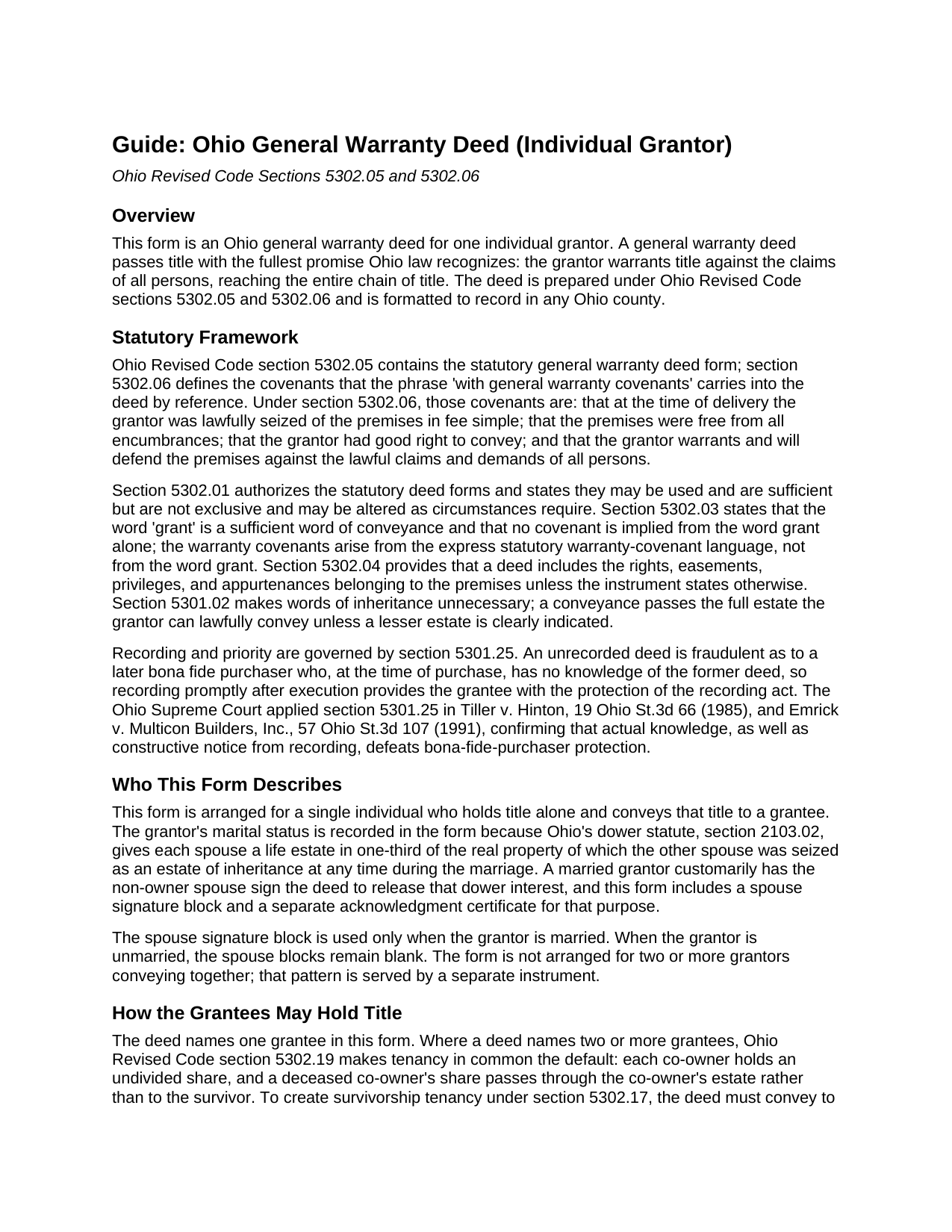 Carroll County Warranty Deed (Individual Grantor) Guide