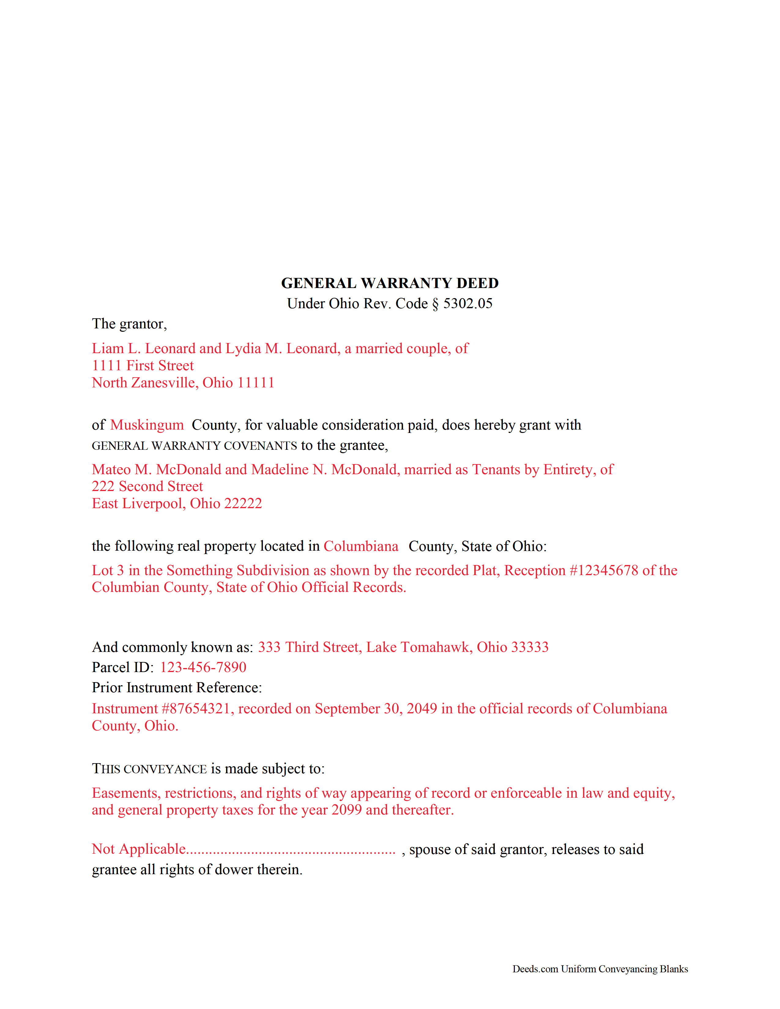 Summit County Completed Example of the Warranty Deed Document