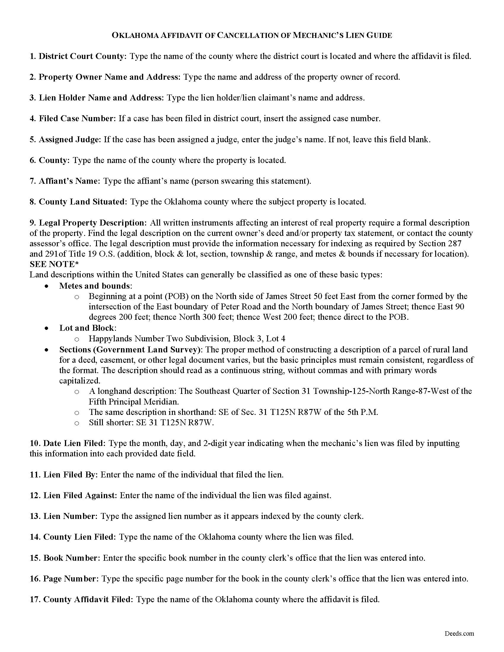 Garvin County Affidavit of Cancellation of Lien Guide