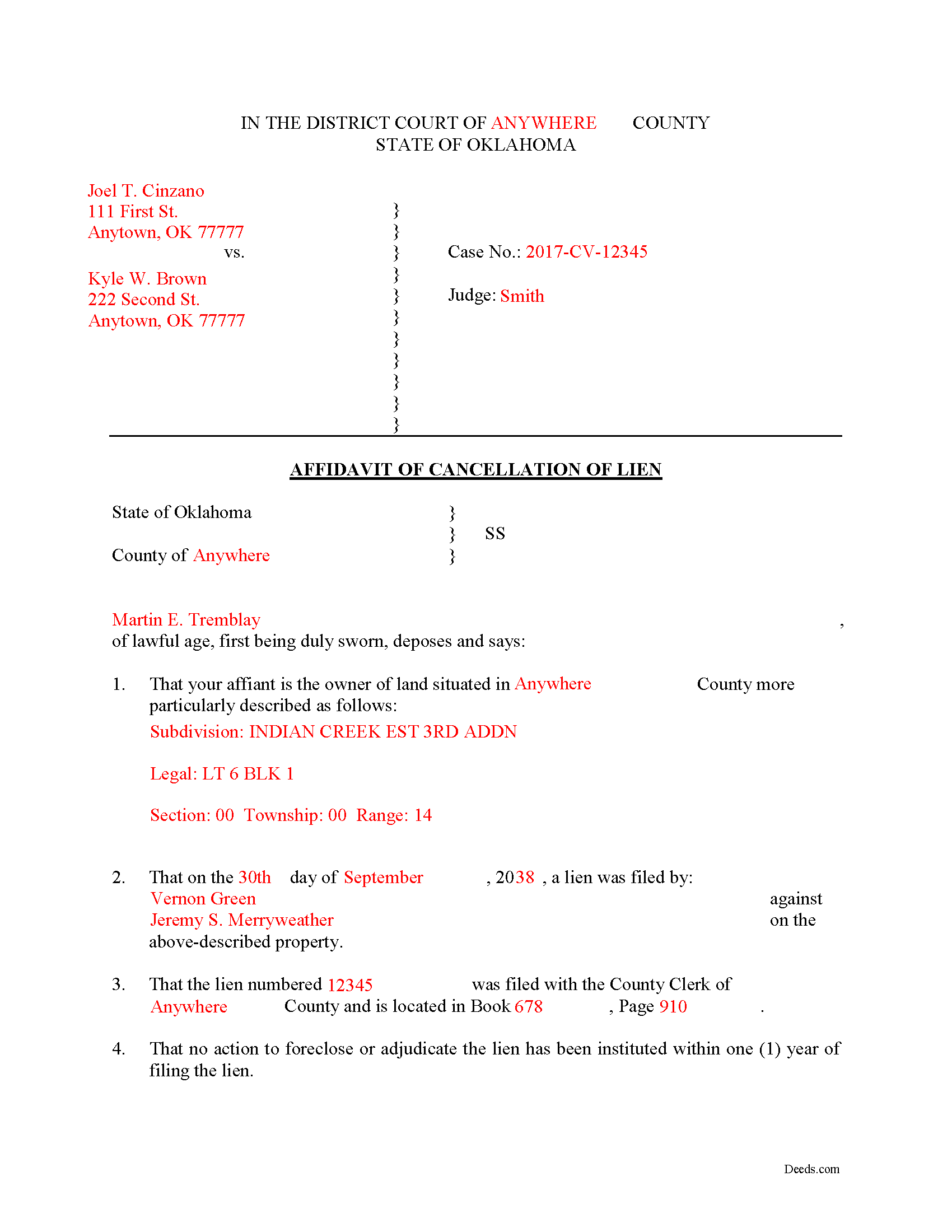 Completed Example of the Affidavit of Cancellation of Lien Document